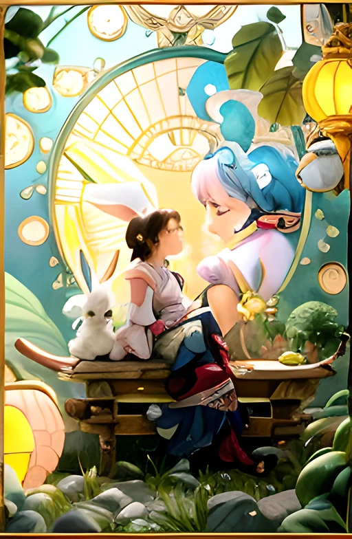 Close-up of a woman and rabbit sitting on a bench, Artgerm and Atey Ghailan, Guviz-style artwork, Alphonse mucha and rossdraws, Rosla global lighting, Guviz, inspired by Ross Tran, Ross Tran style, Alice X. zhang, rhads and lois van baarle, by Yang J