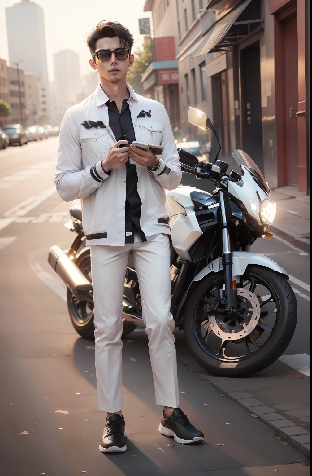 City background handsome boy. Car instead of bike. White shirt. 8k ultra