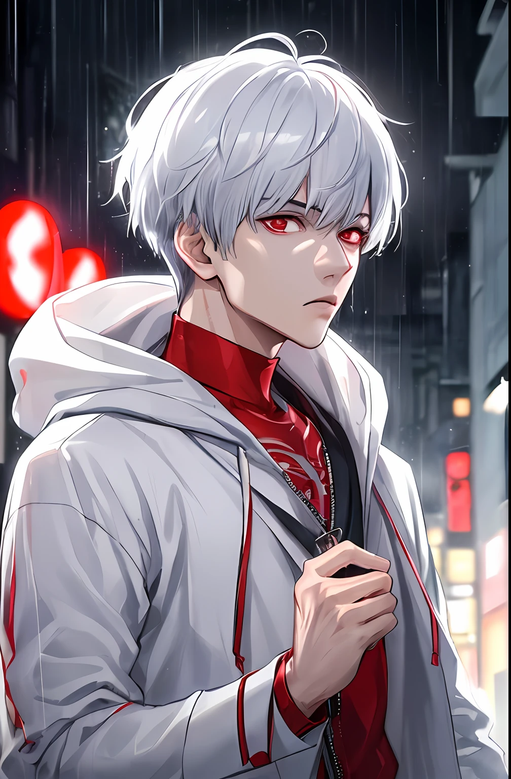 kk, best quality, more details, masterpiece, 1boy, kaneki ken, portrait, male focus, red eyes, solo, bangs, looking at viewer, hood, short hair, rain, tokyo tokyo \(city\), hood up, nail polish, white hair, luxurious, 8k, detailed, ray tracing, depth of field, cinematic lighting,