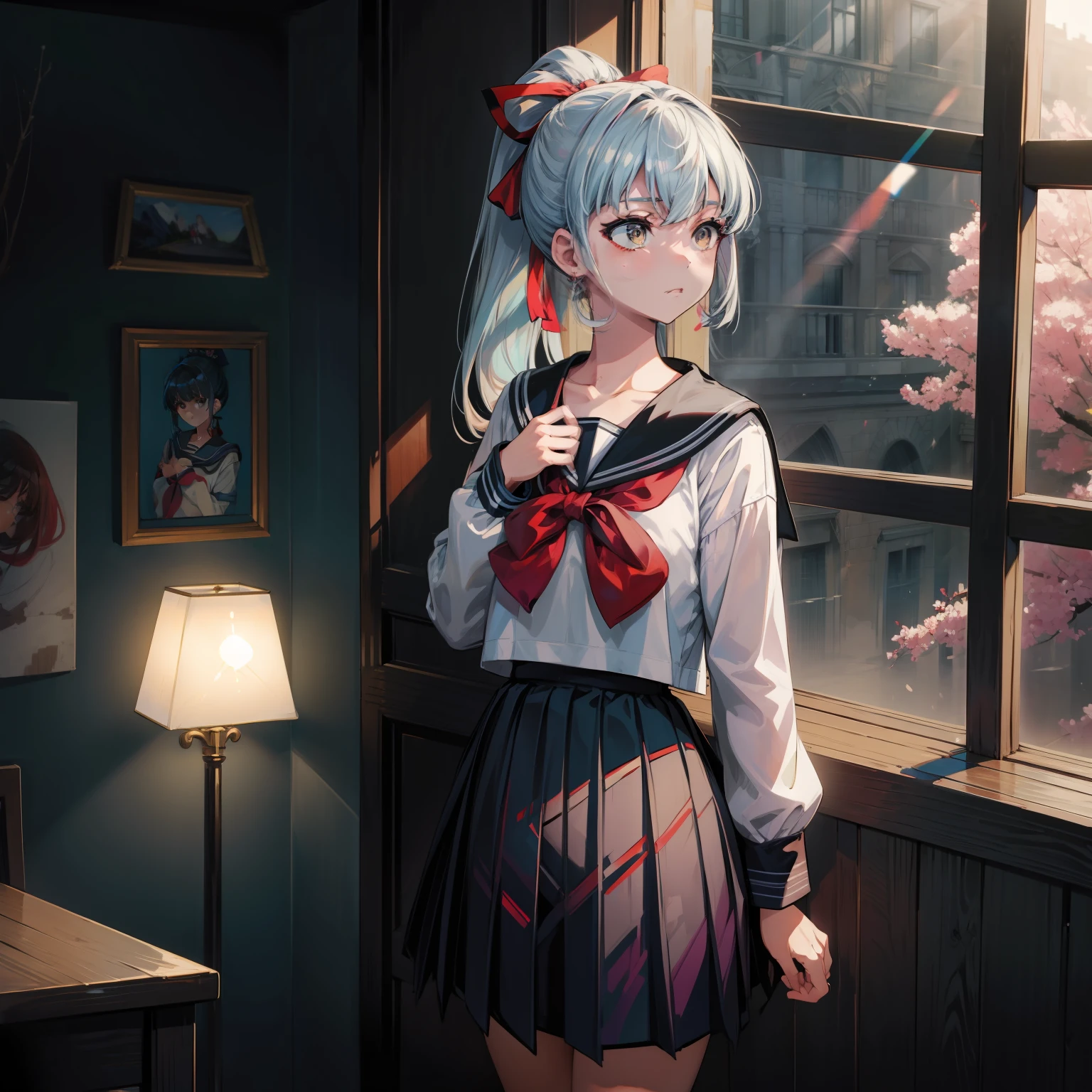 (masterpiece:1.2), 1girl,woman with beautiful feet,
kamisato ayaka (heytea), kamisato ayaka, official alternate costume, ponytail, serafuku, blunt bangs, hair bow, black bow, hair ribbon, red ribbon, school uniform, sailor shirt, sailor collar, pleated skirt, grey eyes, light blue hair, mole under eye,
fashi-girl, (HDR)