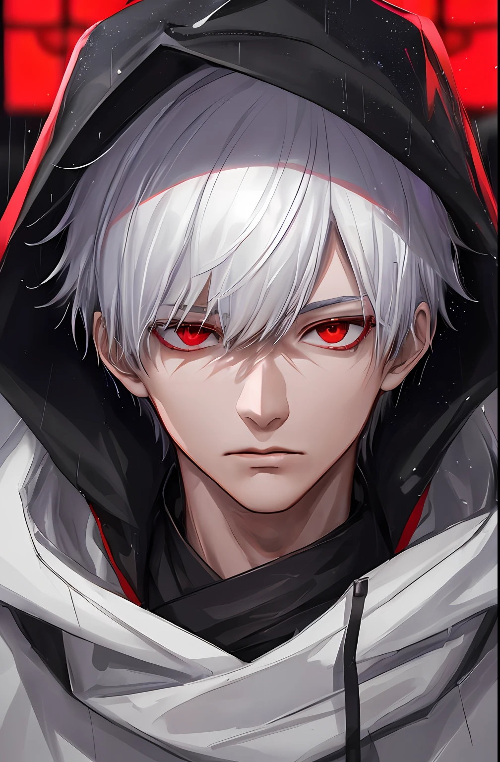 kk, best quality, more details, masterpiece, 1boy, kaneki ken, portrait, male focus, red eyes, solo, bangs, looking at viewer, hood, short hair, rain, tokyo tokyo \(city\), hood up, nail polish, white hair, luxurious, 8k, detailed, ray tracing, depth of field, cinematic lighting,