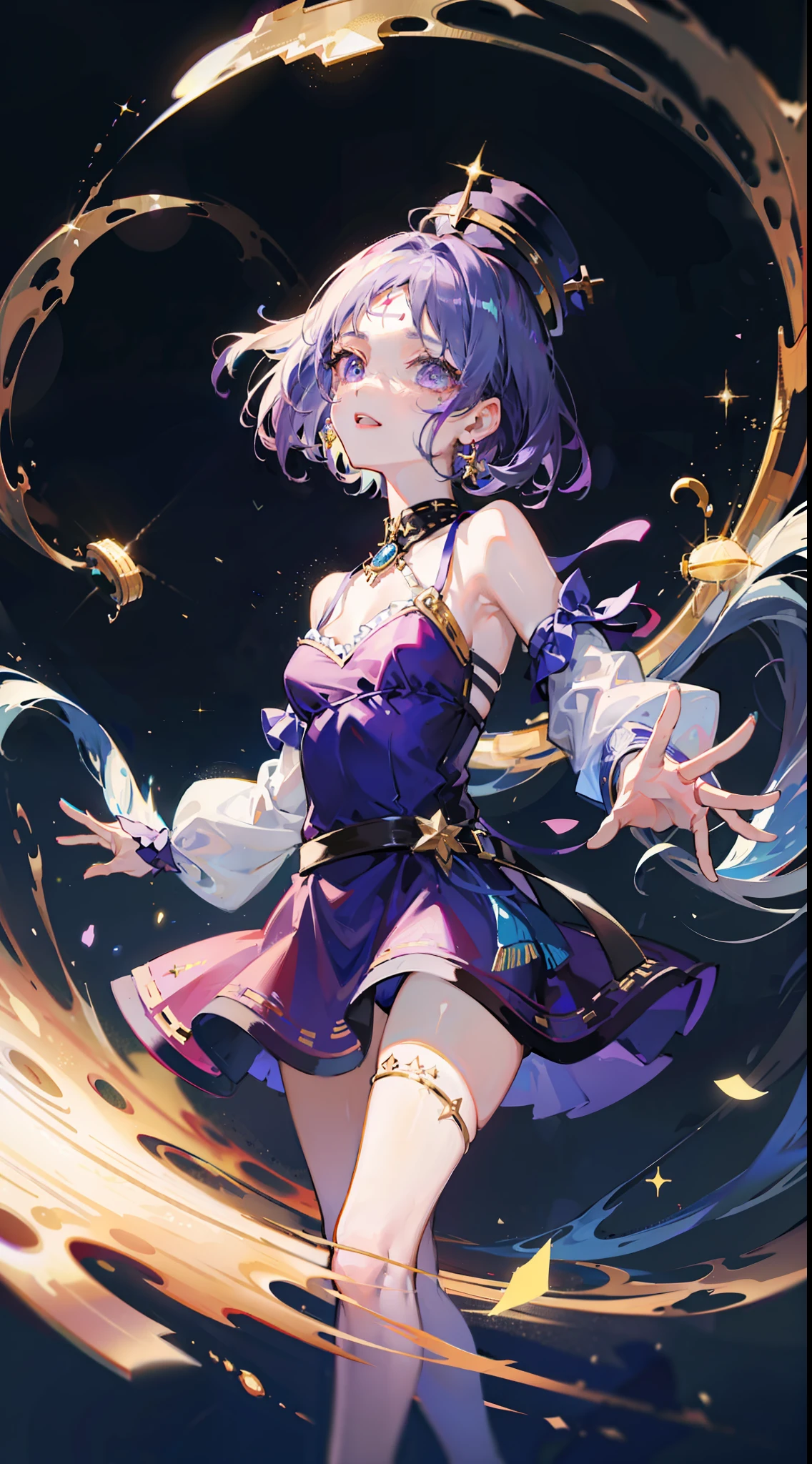 Masterpiece, Solo, 1girll, Celine Jules casts spells, Serious, Purple dress, forehead mark, jewelry, Hat, Magical Circle, abstract backgrounds, light swirling, Lightning magic, Dynamic pose