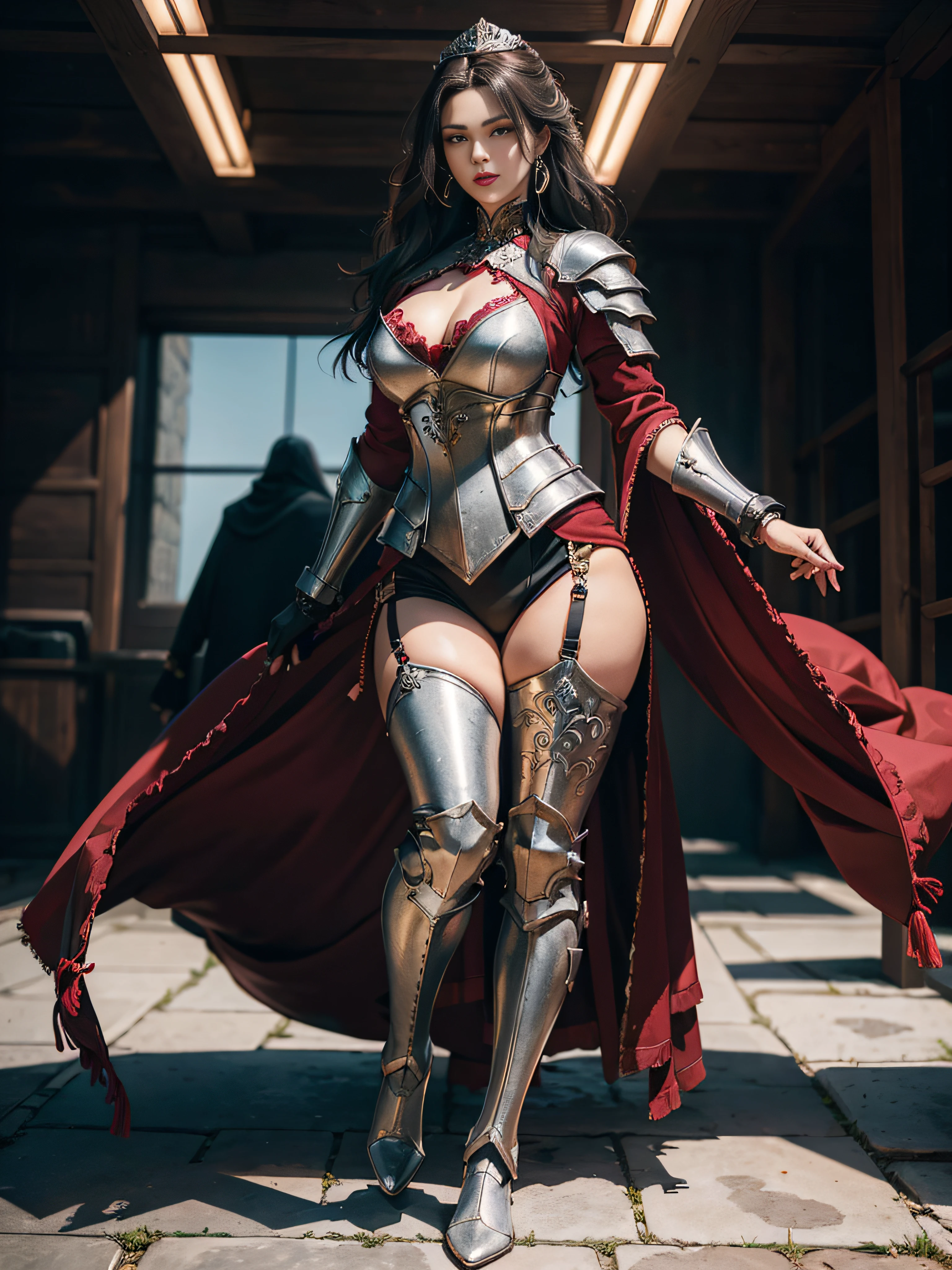 There is only one person in the scene,full body detailing,a mature female,Queen temperament,Fine and detailed eyes and detailed face,Tall and tall,She wears metal armor,Armored pants,Armor loot,Over-the-knee stockings,Show off the look of boots and stockings、Shogun, allure:(Tall:1.4),haughty,Mature temperament,Ruby eyes,Apply blood-red lipstick to your lips,Wide buttock(big assa:1.4),(Thick thighs:1.4),Majesty,Rich scene detail,In the midst of the war,are standing,actionpose,