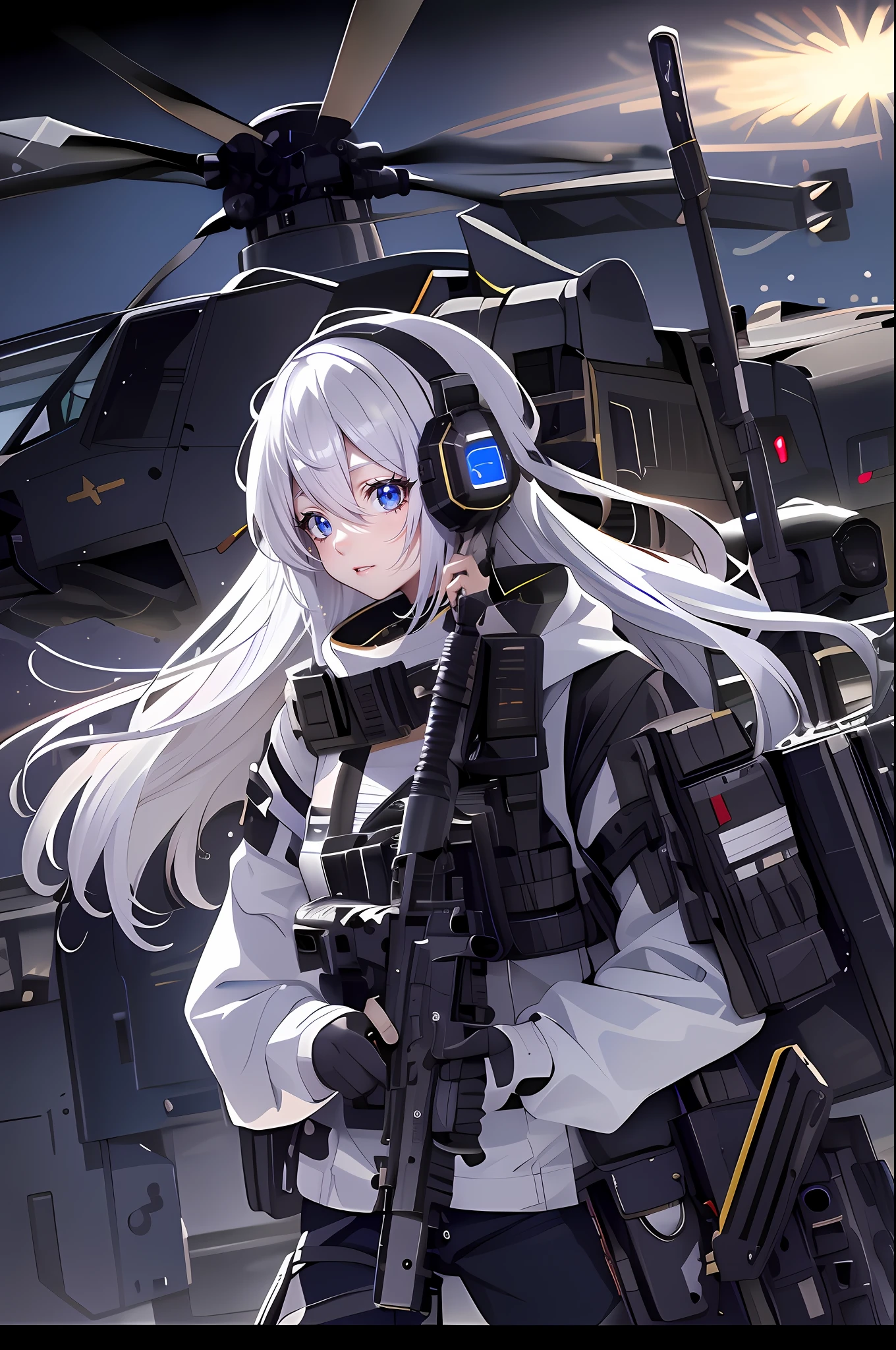 （tmasterpiece, best qualtiy,style of anime，a sense of atmosphere，karo，nigth)（teens girl，Royal sister，White color hair，Black cap，Black body armor，Wear tactical headsets，closeup cleavage）(in the background, A gunship that is about to take off at night)