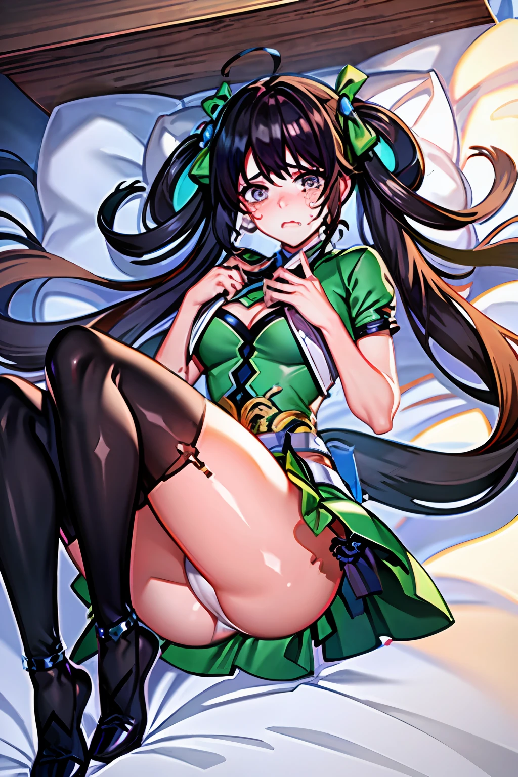 masterpiece, best quality,1girl,lie,lie on bed,crying, tears, (penguin:0),sunshangxiang (Arena of Valor),skirt lift,panties,wind,both legs