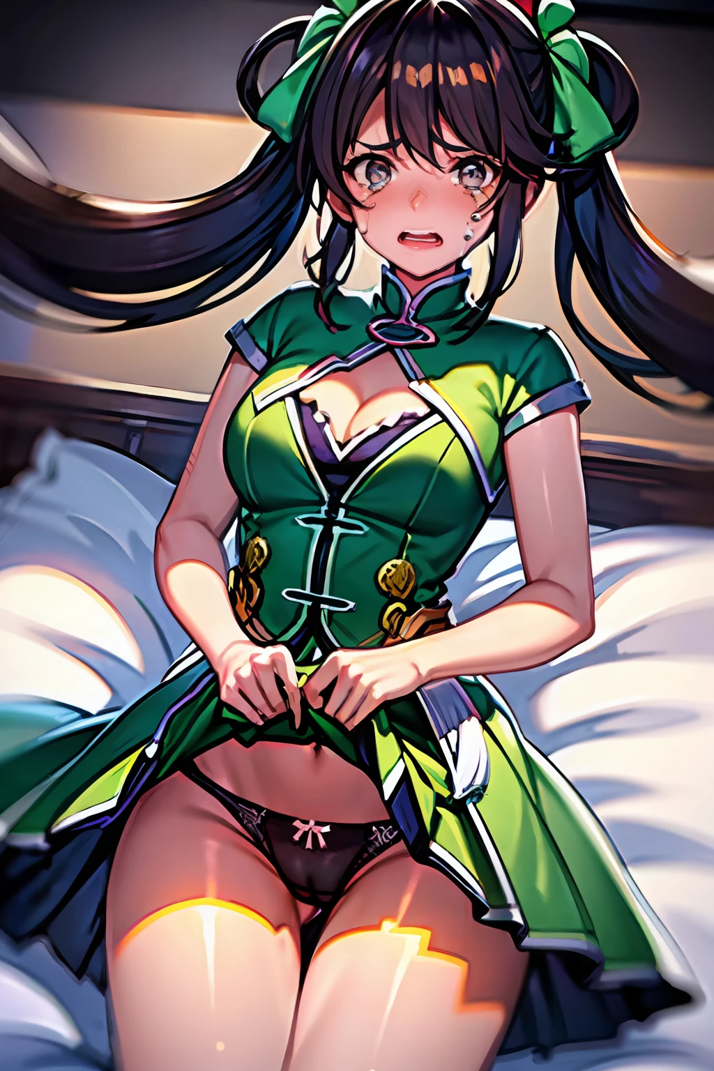 masterpiece, best quality,1girl,lie,lie on bed,crying, tears, (penguin:0),sunshangxiang (Arena of Valor),skirt lift,panties,wind