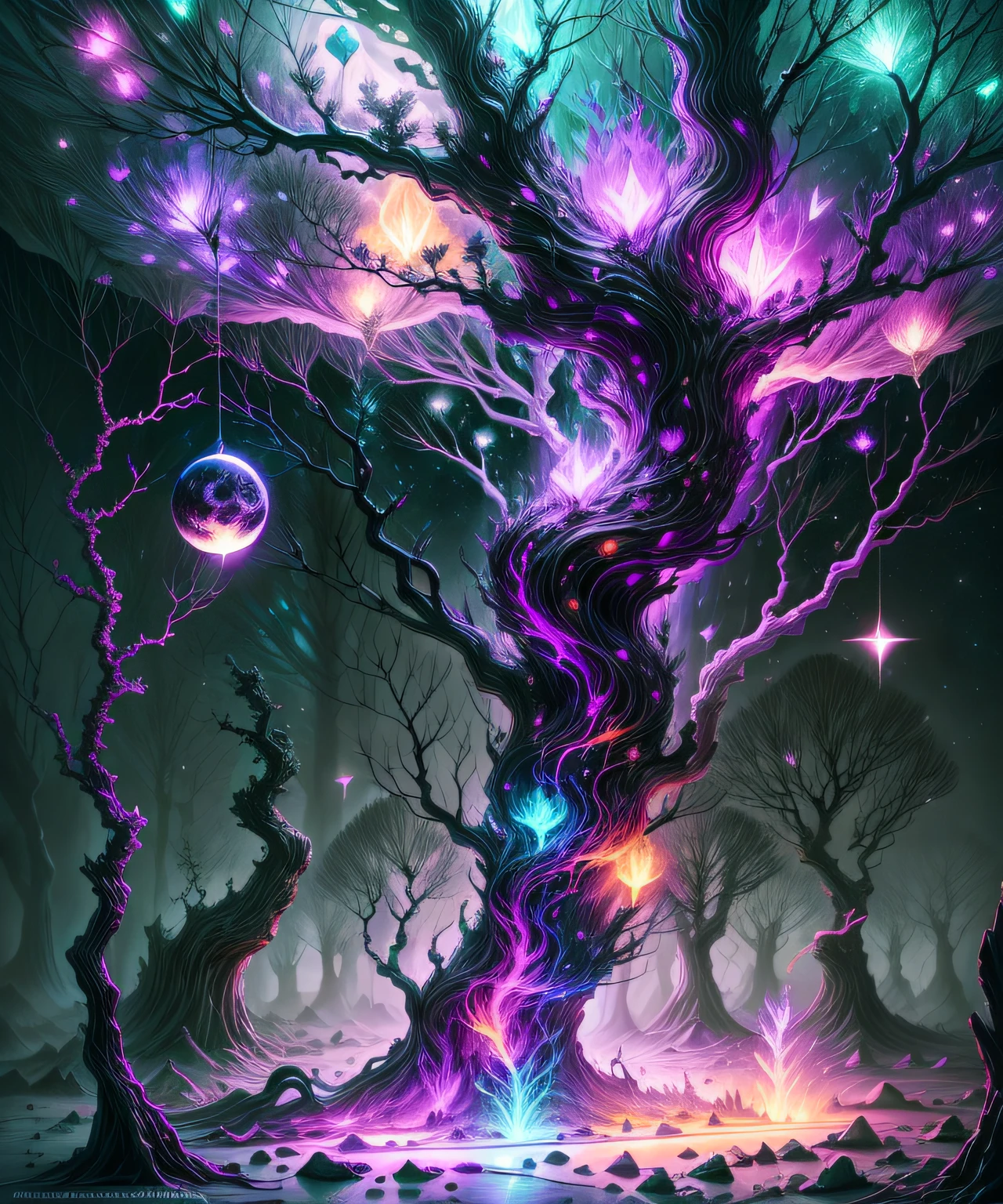 Millennial crystal tree living in a bioluminescent forest and brilliant in natural neon colors, luminoso, estrellas 3 lunas (luna negra, luna blanca, luna roja) noche