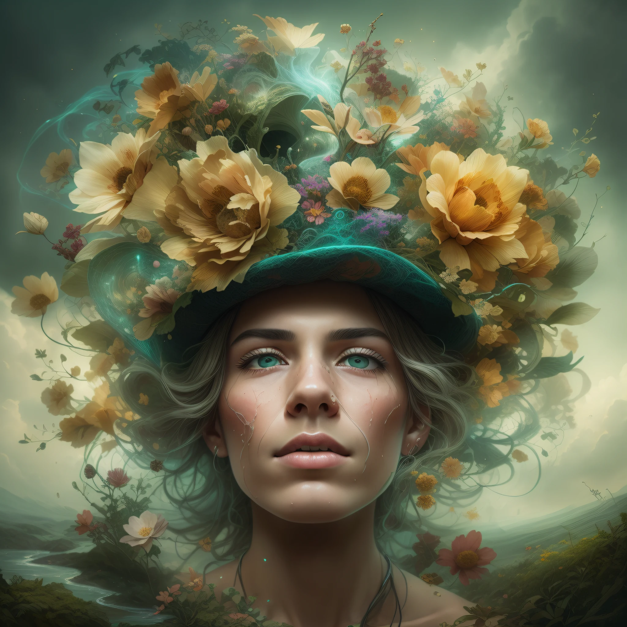 Em um retrato surreal bonito, An intriguing man emerges with a hat adorned with flowers on his head. The image is a true surrealist digital work of art, inspired by the magical creations of Maxim Verehin. Every detail of the illustration is impressive, with vibrant colors and mesmerizing textures that catch the viewer's eye. The portrait captures the essence of the flower storm, an emotional blend of fantastic and natural elements. Through techniques of photographic manipulation and surrealism, o retrato ganha vida, crossing the boundaries of reality and transporting the audience to a universe of imagination and wonder. The style refers to the influence of Alexander Jansson, with a magical and dreamy atmosphere, onde o surrealismo encontra a fantasia. Each digital brushstroke is carefully crafted to convey a unique and captivating beauty. Inspirado em Alberto Seveso, The portrayal of surrealism comes to life with fluid strokes, remembering the dance of movement and transformation. This beautiful digital art is a celebration of human creativity and the ability to transcend the boundaries of reality, inviting the viewer to immerse themselves in a world of imagination and enchantment.