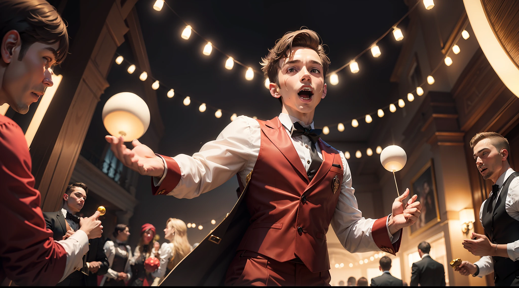 Little John, dressed as a juggler, performs an impressive display of skill, diverting the attention of the party-goers while cunningly relieving them of their riches.