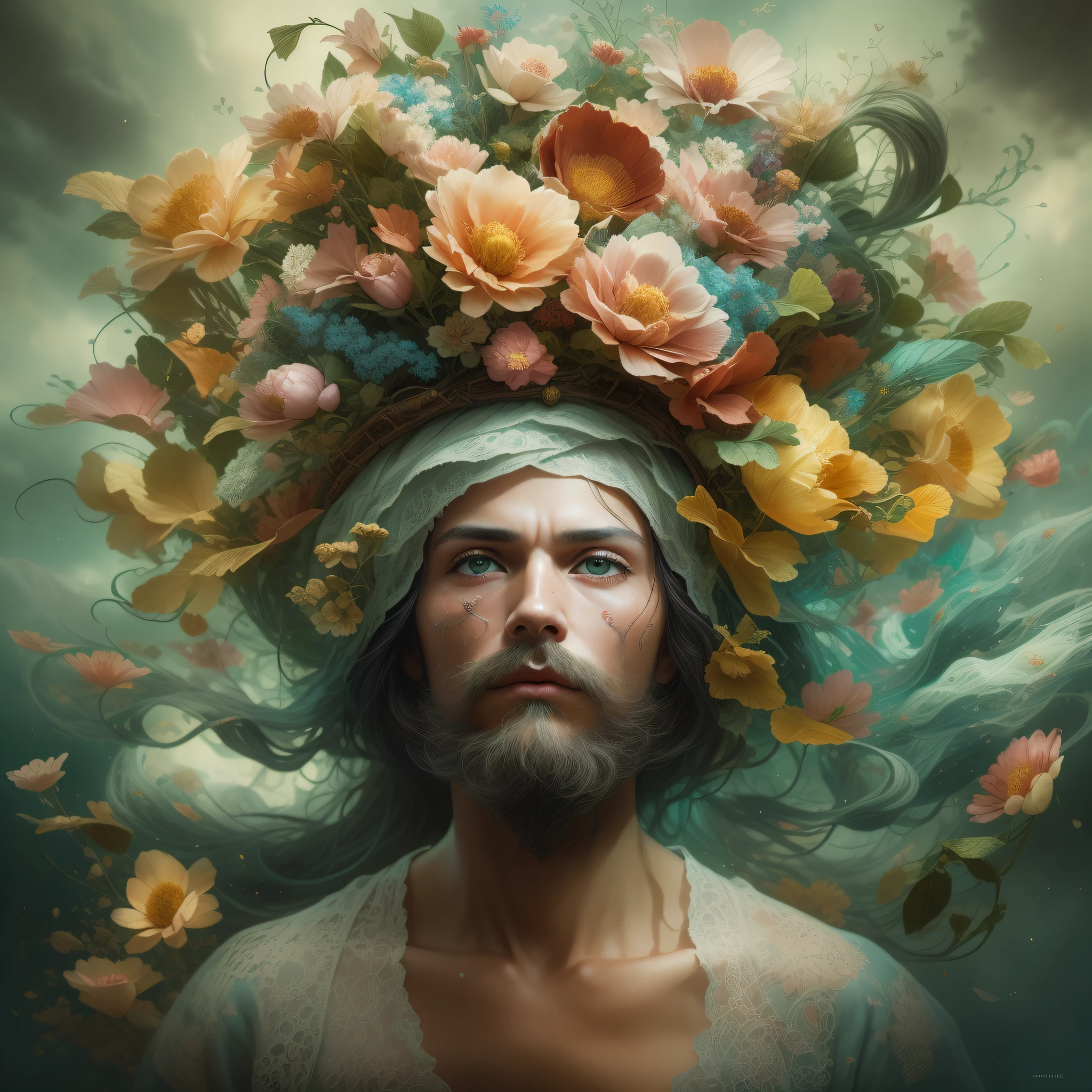 Em um retrato surreal bonito, An intriguing man emerges with a hat adorned with flowers on his head. The image is a true surrealist digital work of art, inspired by the magical creations of Maxim Verehin. Every detail of the illustration is impressive, with vibrant colors and mesmerizing textures that catch the viewer's eye. The portrait captures the essence of the flower storm, an emotional blend of fantastic and natural elements. Through techniques of photographic manipulation and surrealism, o retrato ganha vida, crossing the boundaries of reality and transporting the audience to a universe of imagination and wonder. The style refers to the influence of Alexander Jansson, with a magical and dreamy atmosphere, onde o surrealismo encontra a fantasia. Each digital brushstroke is carefully crafted to convey a unique and captivating beauty. Inspirado em Alberto Seveso, The portrayal of surrealism comes to life with fluid strokes, remembering the dance of movement and transformation. This beautiful digital art is a celebration of human creativity and the ability to transcend the boundaries of reality, inviting the viewer to immerse themselves in a world of imagination and enchantment.