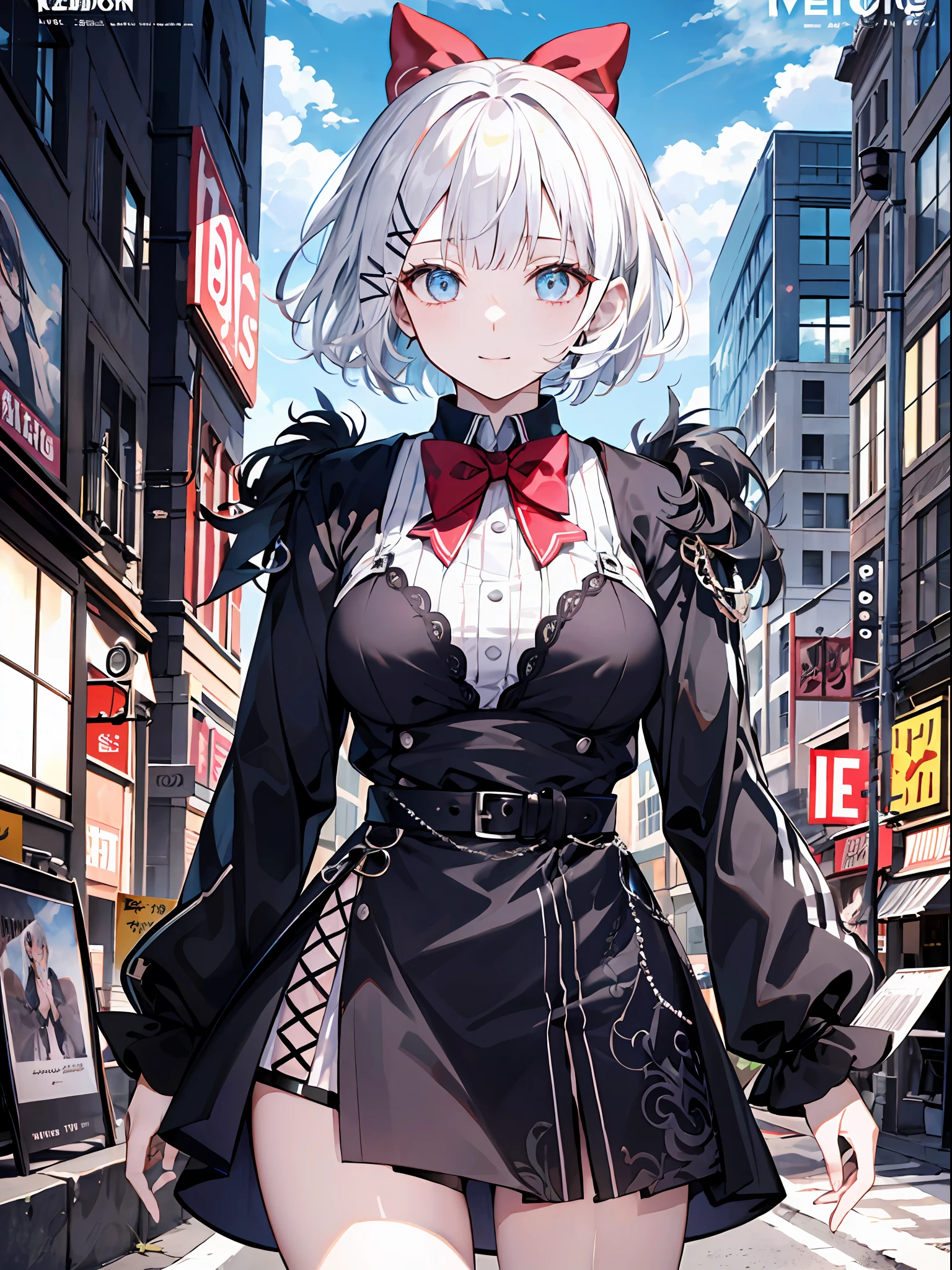 detectivesiesta, Smile, Short hair, Bangs, Blue eyes, Shirt, Hair Ornament, Long sleeves, Dress, Bow, White hair, hair clips, Blunt bangs, bowtie, Red bow, X Hair Ornament, red bowtie, siesta, (medium breasts⁩:1.2), BREAK looking at viewer, BREAK outside, BREAK (masutepiece:1.2), Best Quality, High resolution, Unity 8k壁纸, (Illustration:0.8), (Beautiful detailed eyes:1.6), extra detailed face, Perfect Lighting, extremely details CG, (Perfect hands, Perfect Anatomy),((((Dramatic)))、(((gritty)))、(((vehement)))Movie poster featuring a young woman as the main character。She stands confidently in the center of the poster.、Wear stylish and edgy outfits、I have a determined look on my face。The background is dark and rough、Makes you feel danger and strength。Text is bold and attention-grabbing、Has a catchy tagline that adds to the overall sense of drama and excitement。The color palette is predominantly bright、There are splashes of bright colors、It gives the poster a dynamic and visually striking look。 (magazine:1.3), (cover-style:1.3), Fashionable, femele, with a vibrant, outfits, the pose, the front, Colorful, Dynamic, Background with, element, I'm confident, expresive, ngel, statement, accessorized, An majestic, coiled, surroundings, Touch, The scene, Texto, covers, It's bold, captures the attention, Titles, Stylish, Font, Catchy, headline, The large, Impressive, moderno, Trendy, Focus, lo fashion,shorth hair、Bob Hair、White hair、bright light blue eyes