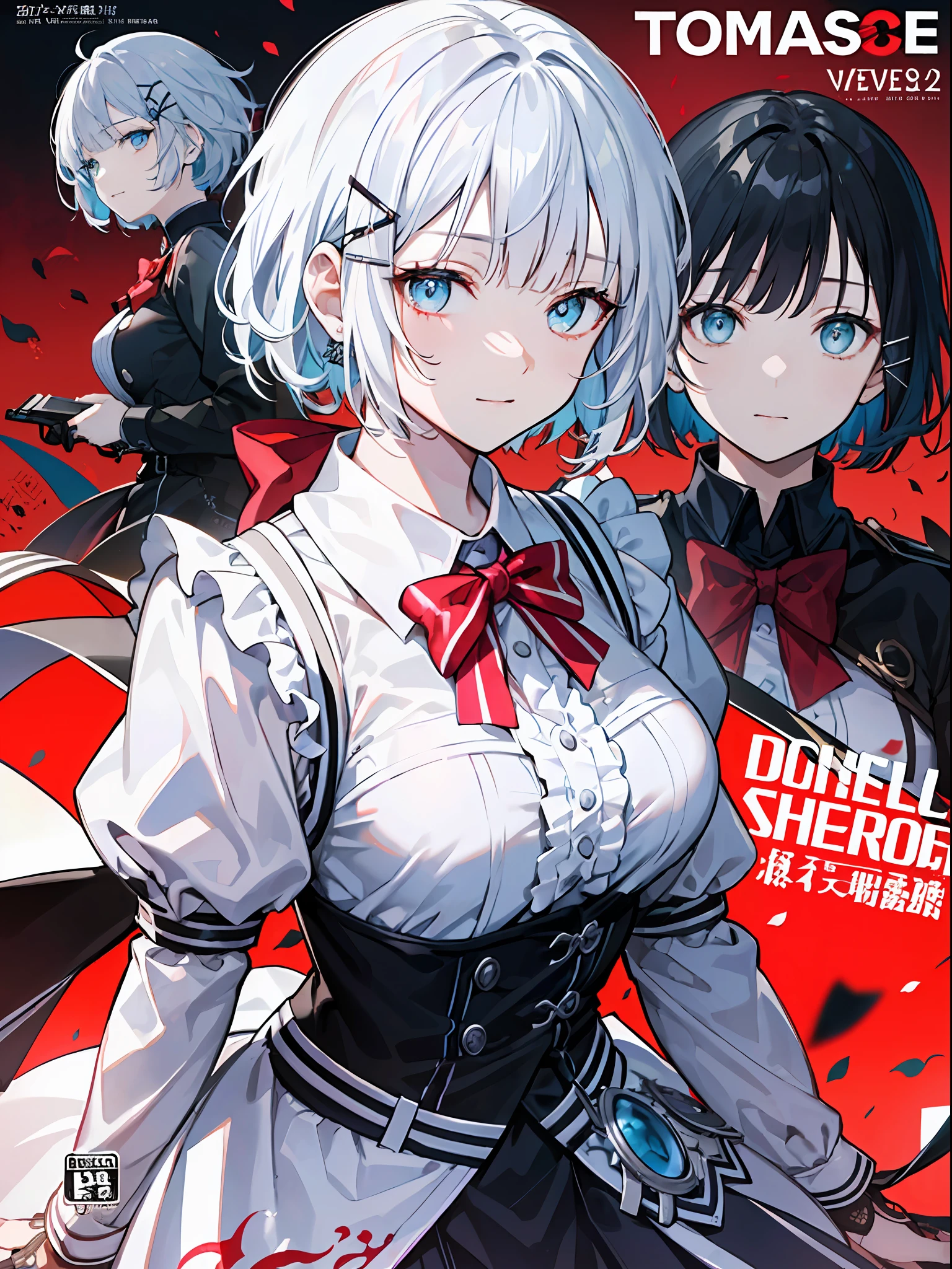detectivesiesta, Smile, Short hair, Bangs, Blue eyes, Shirt, Hair Ornament, Long sleeves, Dress, Bow, White hair, hair clips, Blunt bangs, bowtie, Red bow, X Hair Ornament, red bowtie, siesta, (medium breasts⁩:1.2), BREAK looking at viewer, BREAK outside, BREAK (masutepiece:1.2), Best Quality, High resolution, Unity 8k壁纸, (Illustration:0.8), (Beautiful detailed eyes:1.6), extra detailed face, Perfect Lighting, extremely details CG, (Perfect hands, Perfect ???????),((((Dramatic)))、(((gritty)))、(((vehement)))Movie poster featuring a young woman as the main character。She stands confidently in the center of the poster.、Wear stylish and edgy outfits、I have a determined look on my face。The background is dark and rough、Makes you feel danger and strength。Text is bold and attention-grabbing、Has a catchy tagline that adds to the overall sense of drama and excitement。The color palette is predominantly bright、There are splashes of bright colors、It gives the poster a dynamic and visually striking look。 (magazine:1.3), (cover-style:1.3), Fashionable, femele, with a vibrant, outfits, the pose, the front, Colorful, Dynamic, Background with, element, I'm confident, expresive, ngel, statement, accessorized, An majestic, coiled, surroundings, Touch, The scene, Texto, covers, It's bold, captures the attention, Titles, Stylish, Font, Catchy, headline, The large, Impressive, moderno, Trendy, Focus, lo fashion,shorth hair、Bob Hair、White hair、bright light blue eyes
