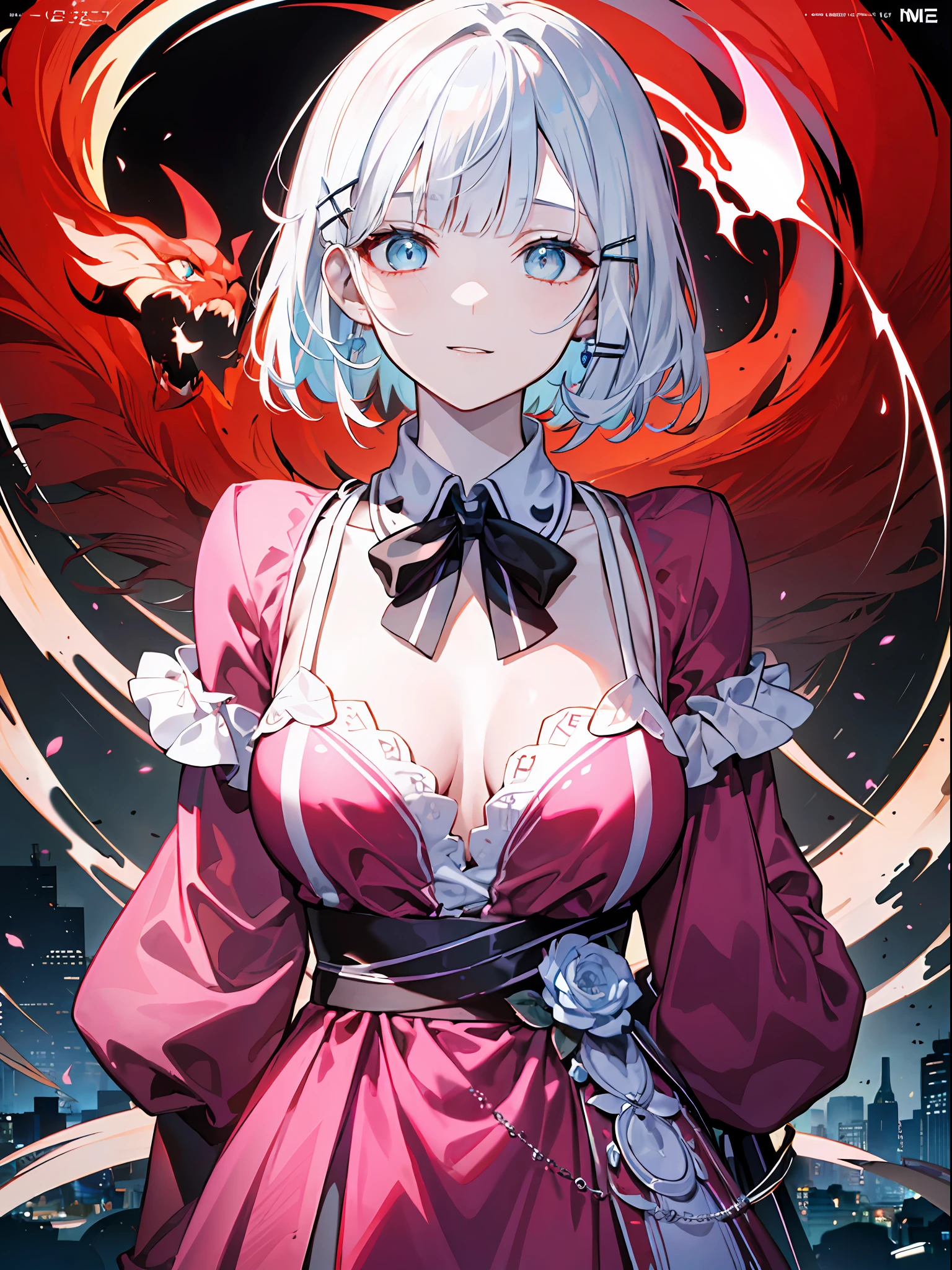 detectivesiesta, Smile, Short hair, Bangs, Blue eyes, Shirt, Hair Ornament, Long sleeves, Dress, Bow, White hair, hair clips, Blunt bangs, bowtie, Red bow, X Hair Ornament, red bowtie, siesta, (medium breasts⁩:1.2), BREAK looking at viewer, BREAK outside, BREAK (masutepiece:1.2), Best Quality, High resolution, Unity 8k壁纸, (Illustration:0.8), (Beautiful detailed eyes:1.6), extra detailed face, Perfect Lighting, extremely details CG, (Perfect hands, Perfect Anatomy),((((Dramatic)))、(((gritty)))、(((vehement)))Movie poster featuring a young woman as the main character。She stands confidently in the center of the poster.、Wear stylish and edgy outfits、I have a determined look on my face。The background is dark and rough、Makes you feel danger and strength。Text is bold and attention-grabbing、Has a catchy tagline that adds to the overall sense of drama and excitement。The color palette is predominantly bright、There are splashes of bright colors、It gives the poster a dynamic and visually striking look。 (magazine:1.3), (cover-style:1.3), Fashionable, femele, with a vibrant, outfits, the pose, the front, Colorful, Dynamic, Background with, element, I'm confident, expresive, ngel, statement, accessorized, An majestic, coiled, surroundings, Touch, The scene, Texto, covers, It's bold, captures the attention, Titles, Stylish, Font, Catchy, headline, The large, Impressive, moderno, Trendy, Focus, lo fashion,shorth hair、Bob Hair、White hair、bright light blue eyes