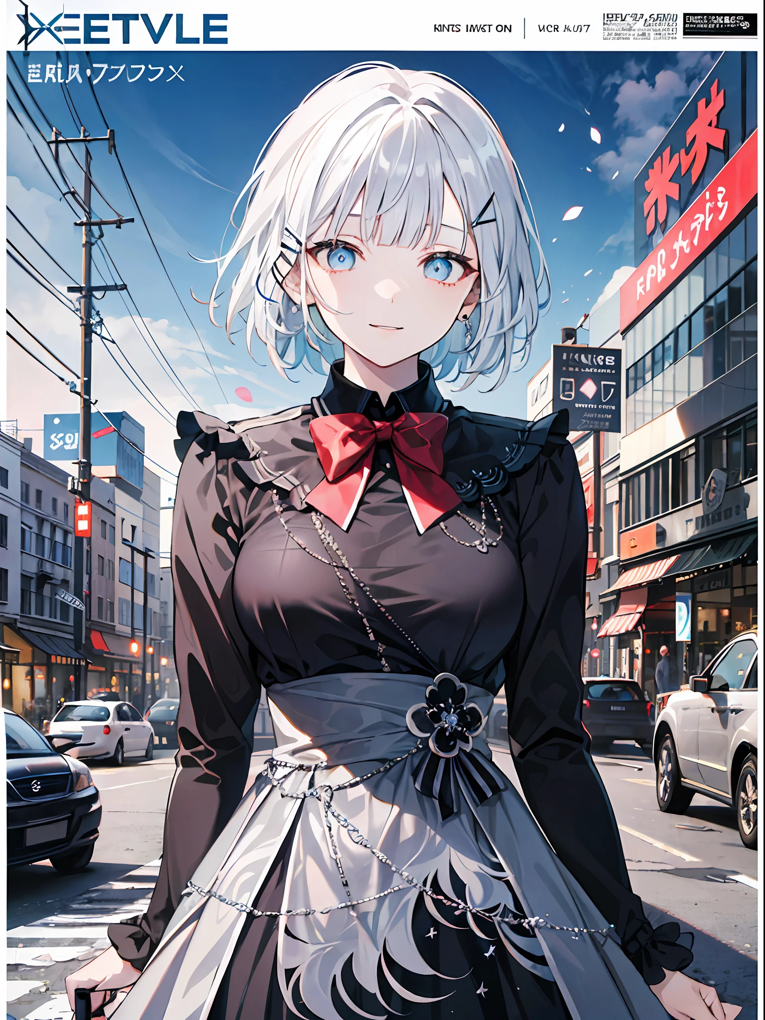 detectivesiesta, Smile, Short hair, Bangs, Blue eyes, Shirt, Hair Ornament, Long sleeves, Dress, Bow, White hair, hair clips, Blunt bangs, bowtie, Red bow, X Hair Ornament, red bowtie, siesta, (medium breasts:1.2), BREAK looking at viewer, BREAK outside, BREAK (masutepiece:1.2), Best Quality, High resolution, Unity 8k壁纸, (Illustration:0.8), (Beautiful detailed eyes:1.6), extra detailed face, Perfect Lighting, extremely details CG, (Perfect hands, Perfect Anatomy),((((Dramatic)))、(((gritty)))、(((vehement)))Movie poster featuring a young woman as the main character。She stands confidently in the center of the poster.、Wear stylish and edgy outfits、I have a determined look on my face。The background is dark and rough、Makes you feel danger and strength。Text is bold and attention-grabbing、Has a catchy tagline that adds to the overall sense of drama and excitement。The color palette is predominantly bright、There are splashes of bright colors、It gives the poster a dynamic and visually striking look。 (magazine:1.3), (cover-style:1.3), Fashionable, femele, with a vibrant, outfits, the pose, the front, Colorful, Dynamic, Background with, element, I'm confident, expresive, ngel, statement, accessorized, An majestic, coiled, surroundings, Touch, The scene, Texto, covers, It's bold, captures the attention, Titles, Stylish, Font, Catchy, headline, The large, Impressive, moderno, Trendy, Focus, lo fashion,shorth hair、Bob Hair、White hair、bright light blue eyes