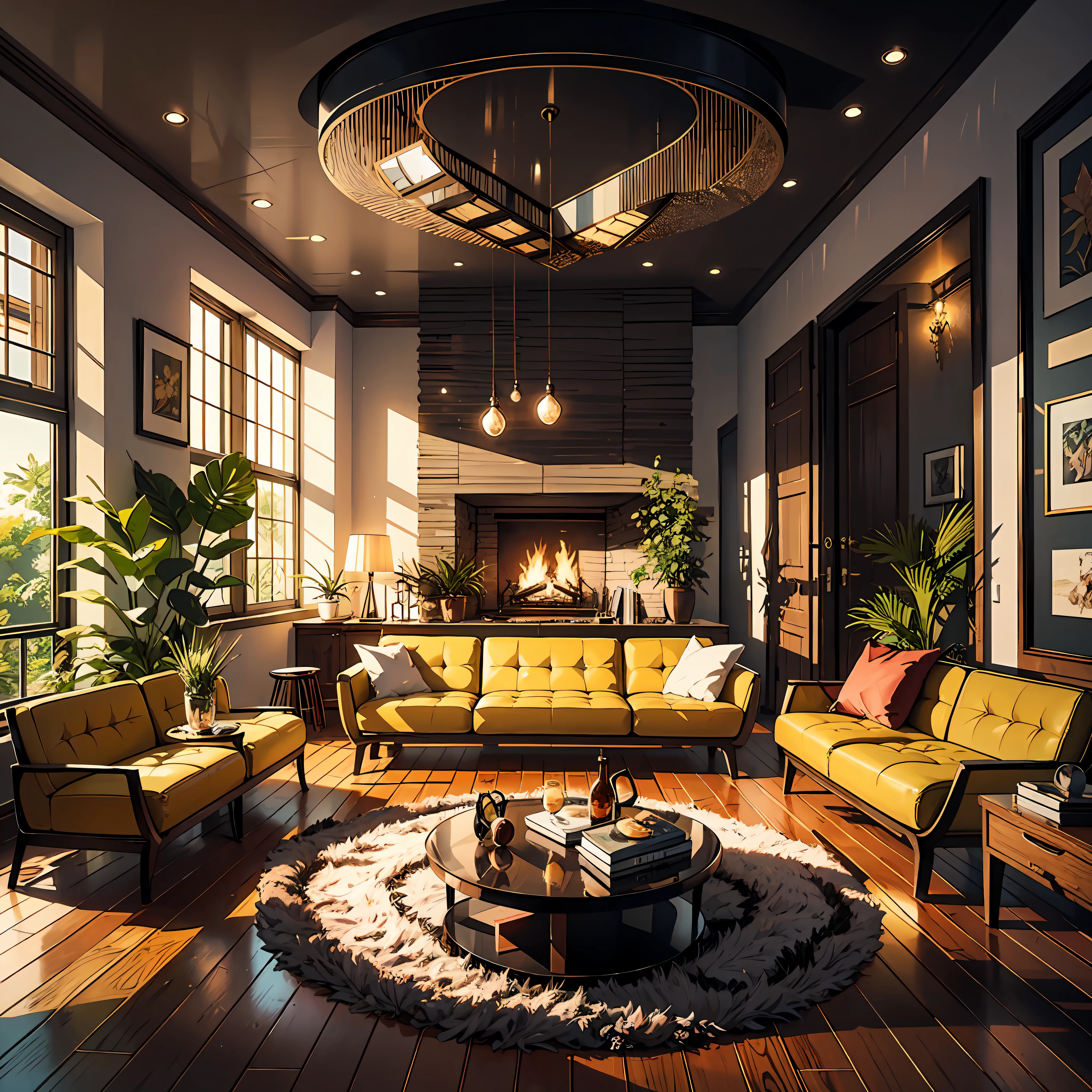interior design, lounge, utilizando los siguientes materiales de forma armoniosa y coherente con un estilo original, Un toque Era mezclando tocones, ..cgi, Epoxi, Fuego, brillante, Amber, amatista, Titanio de Damasco, magma, robledal, de madera, vóxel, planking, 4k, Tiro lejano, Dramatic lighting, Dual lighting, Brutalismo, Pintura de campo de color, hiperrealismo, hipermaximalista, maximalista intrincado, junglecore, Biophilic design, Modernismo, naturalismo, Prehistoricore, tropical, Era, Biophilic interior design, Interior Design Boho, Industrial Interior Design, Minimalist interior design, Moorish interior design, Moroccan Interior Design, Neolithic interior design, Fondo del valle Penthouse Highres