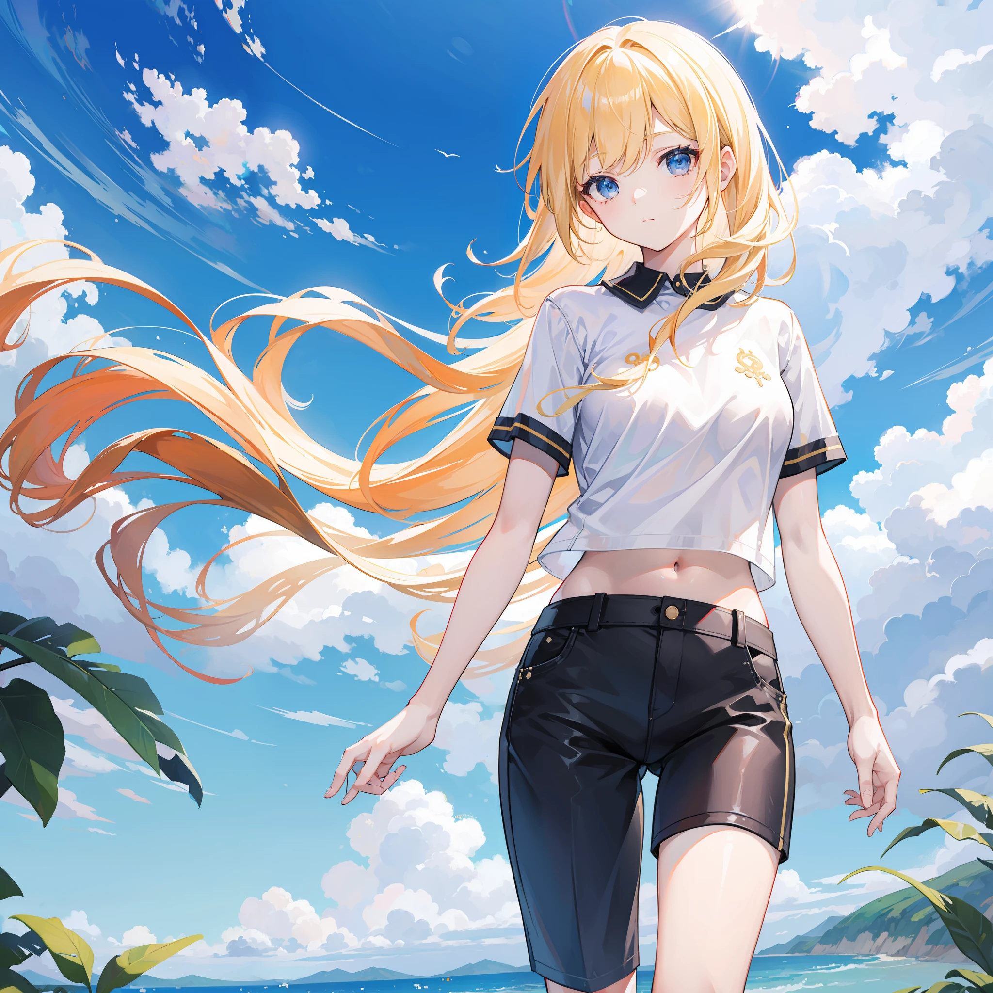 washington，Young beautiful girl，blonde medium hair，dishiveredhair，Fair skin，Exposes the southern hemisphere，Black short sleeves，casual pants，Open navel，with blue sky and white clouds，8K，Highest image quality