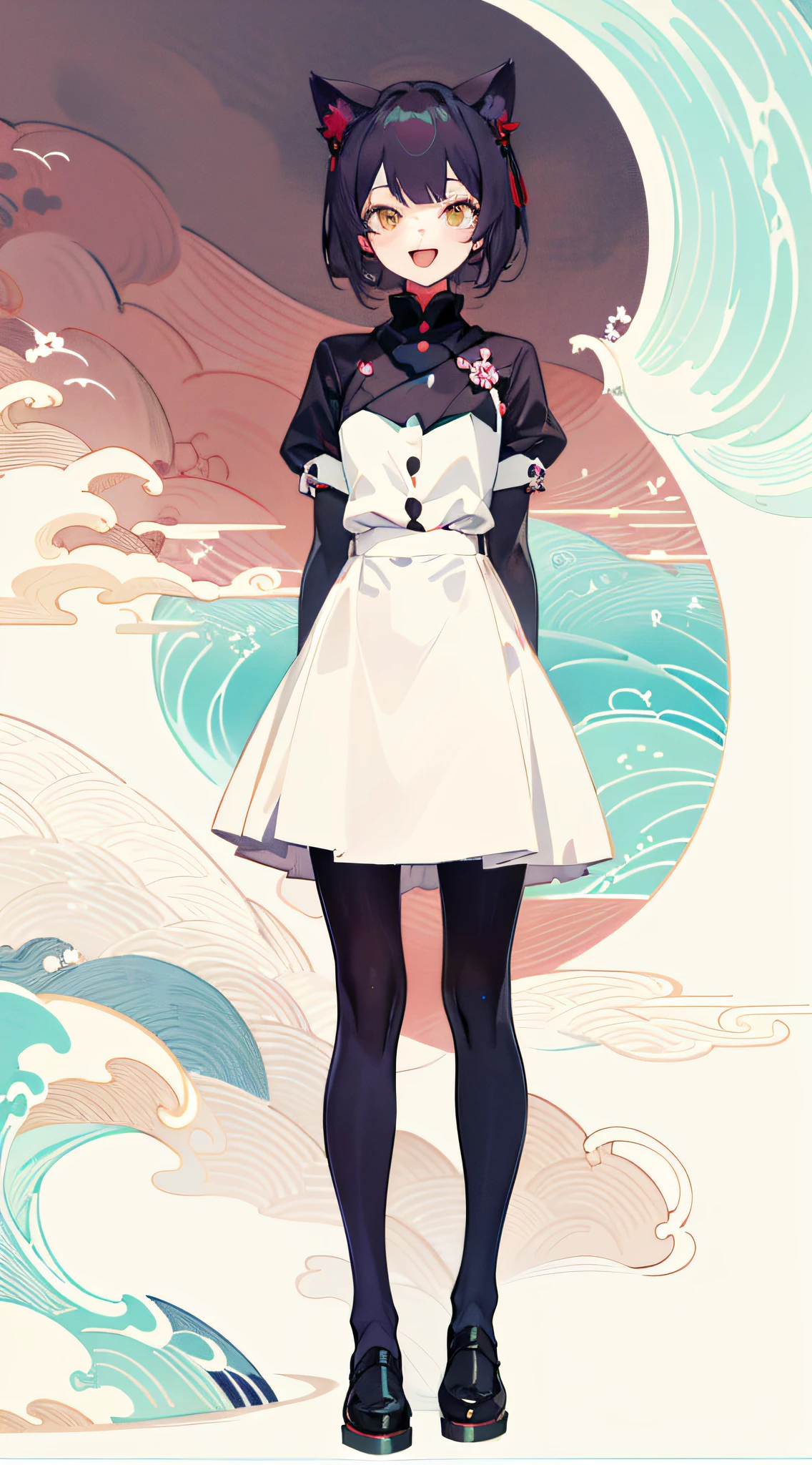 full body, upright, arms at sides, looking at viewer, pure-colored background, 1girl, open mouth, cat ears, smile, in "Hokusai Wave" style