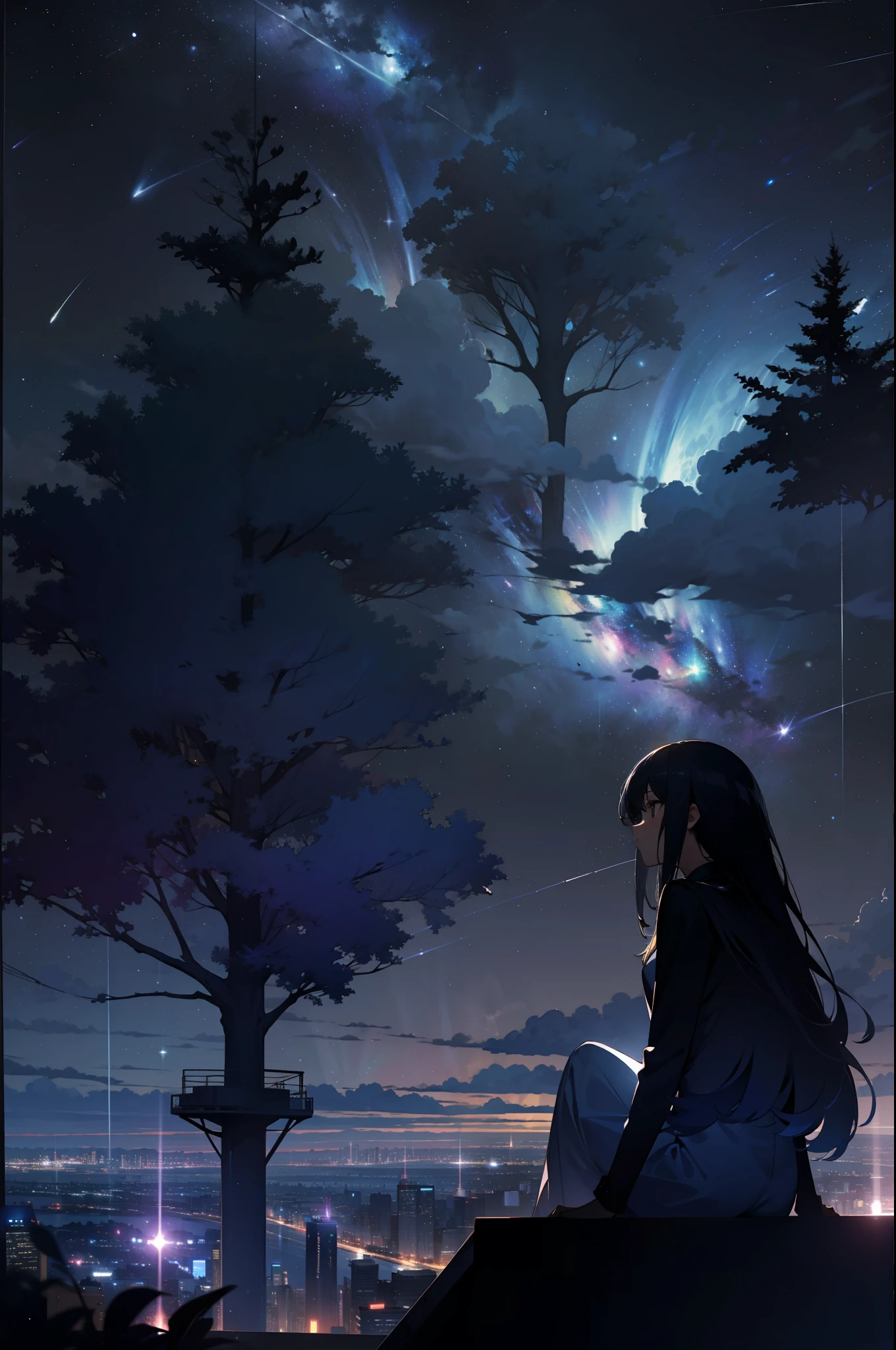 sky, star (sky), scenery, starry sky, night, 1girl, night sky, solo, outdoors, building, cloud, milky way, sitting, tree, long hair, city, silhouette, cityscape