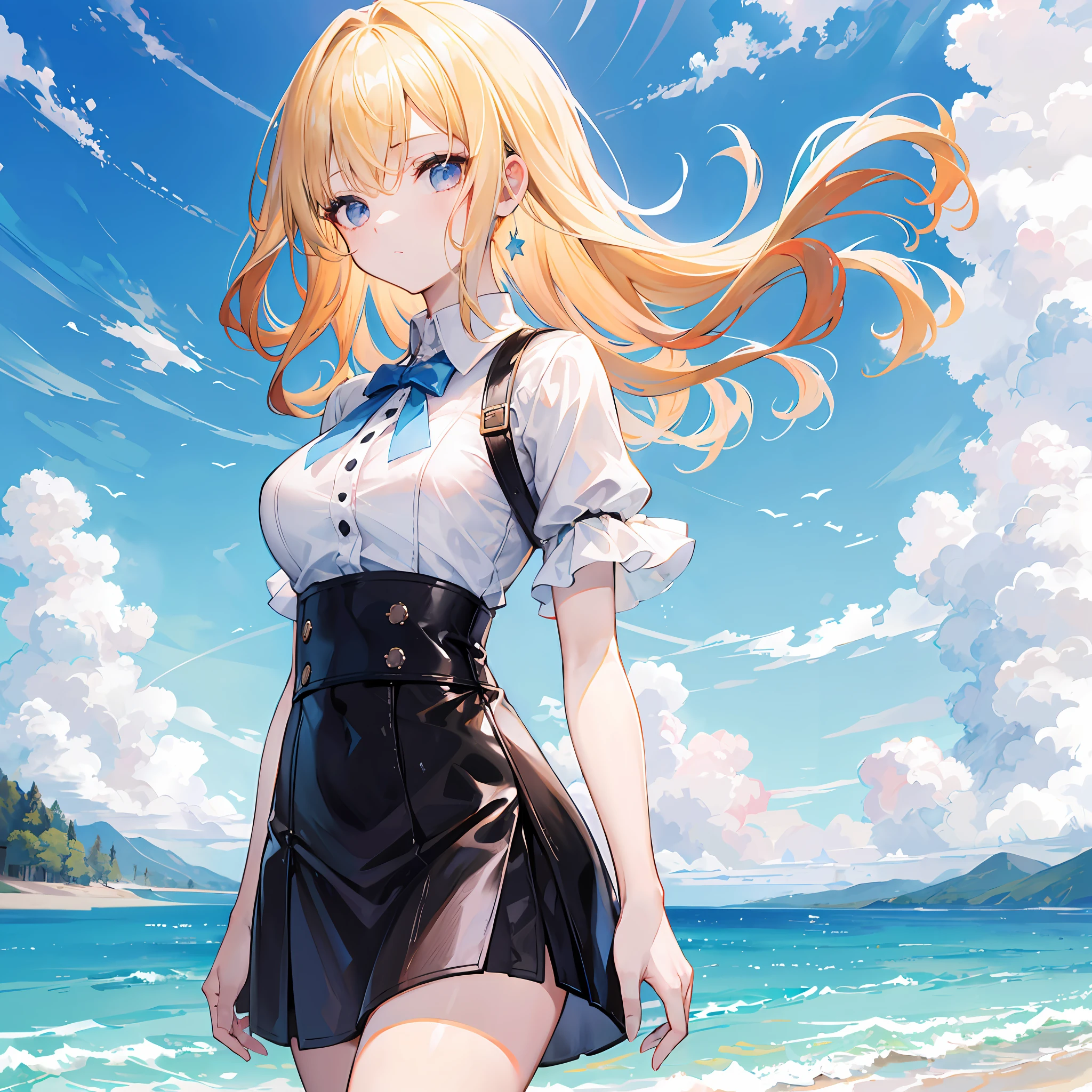 washington,Young beautiful girl,blonde medium hair,dishiveredhair,Fair skin,Black short sleeves,with blue sky and white clouds,8K,Highest image quality,The upper part of the body