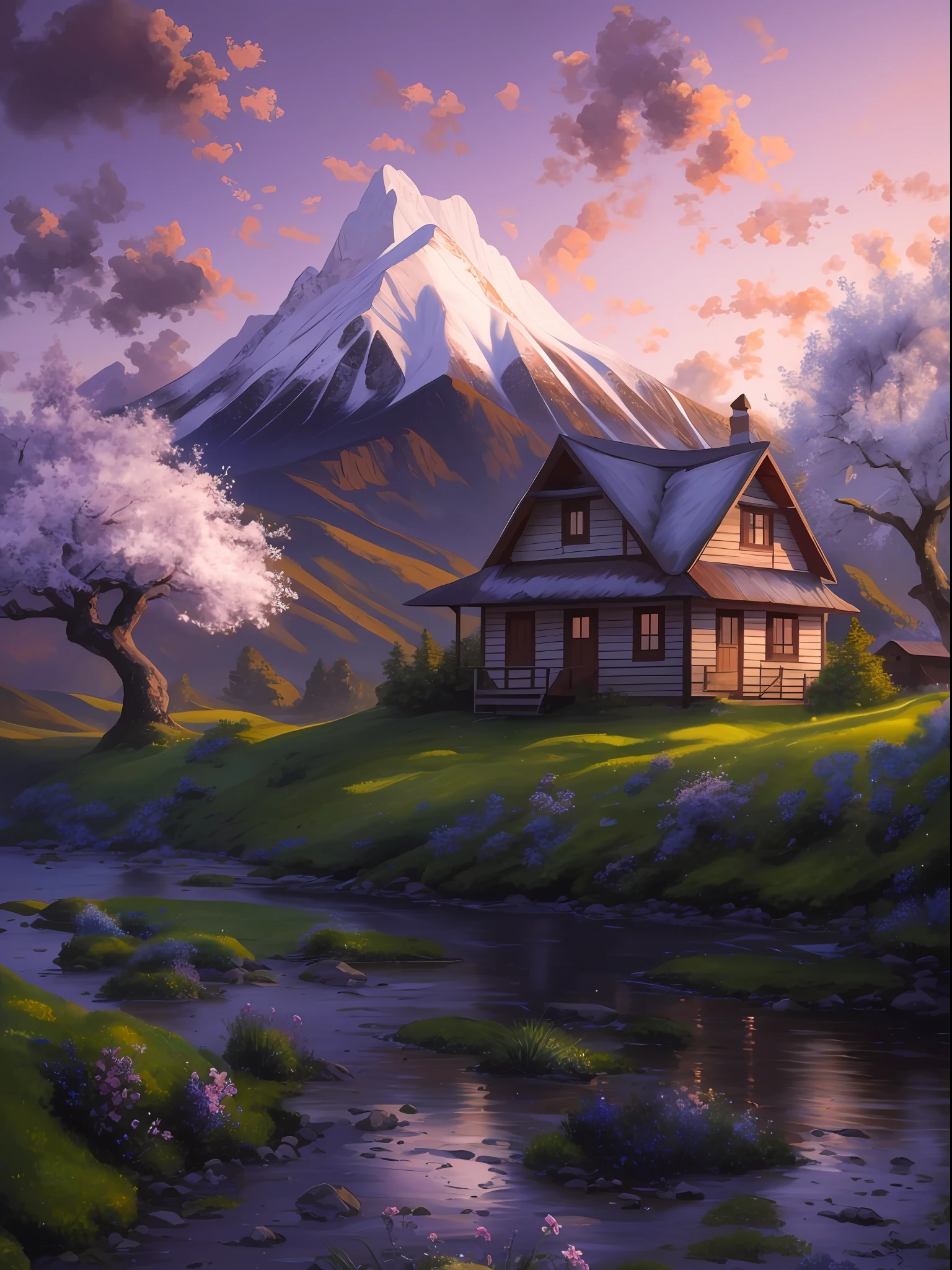 Painting of a house in a field with a mountain in the background, Arte digital 4K altamente detallado, Hermosa obra de arte digital, Hermosa pintura digital, Arte digital detallado 4K, Pintura digital mate, Arte conceptual de pintura digital, Pintura digital mate 4K HD, Pintura digital muy detallada, Pintura digital 4K, Pintura digital 4K, Impresionante pintura digital, gorgeous digital painting