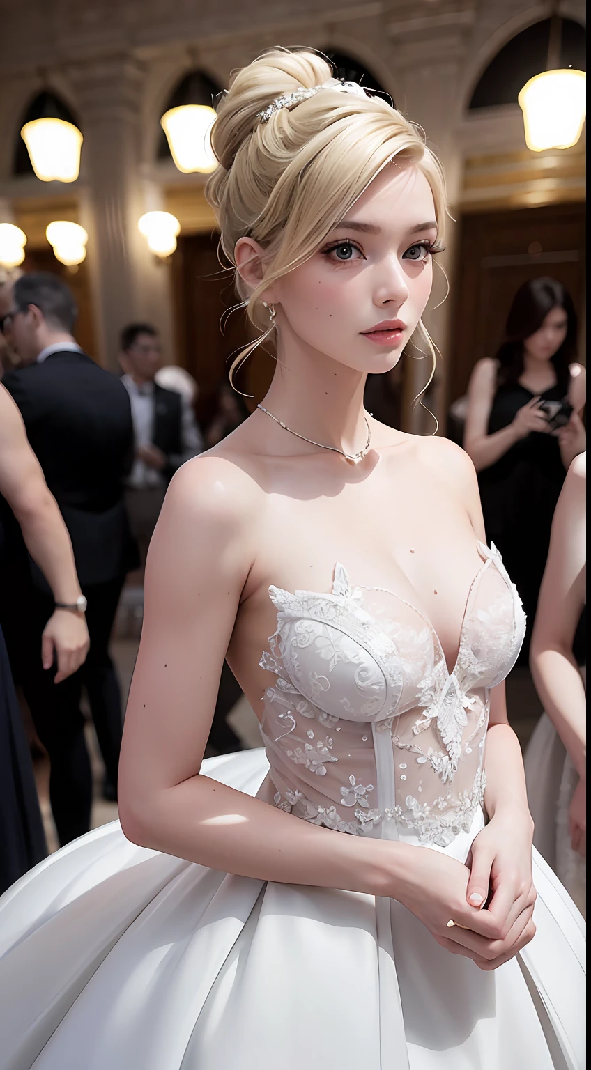 European and American women, A fashion model, Penetrating visual gowns, Glamour, paparazzi taking pictures of her, Blonde hair, Brown eyes, 8K, High quality, Masterpiece, Best quality, HD, Extremely detailed, voluminetric lighting, Photorealistic