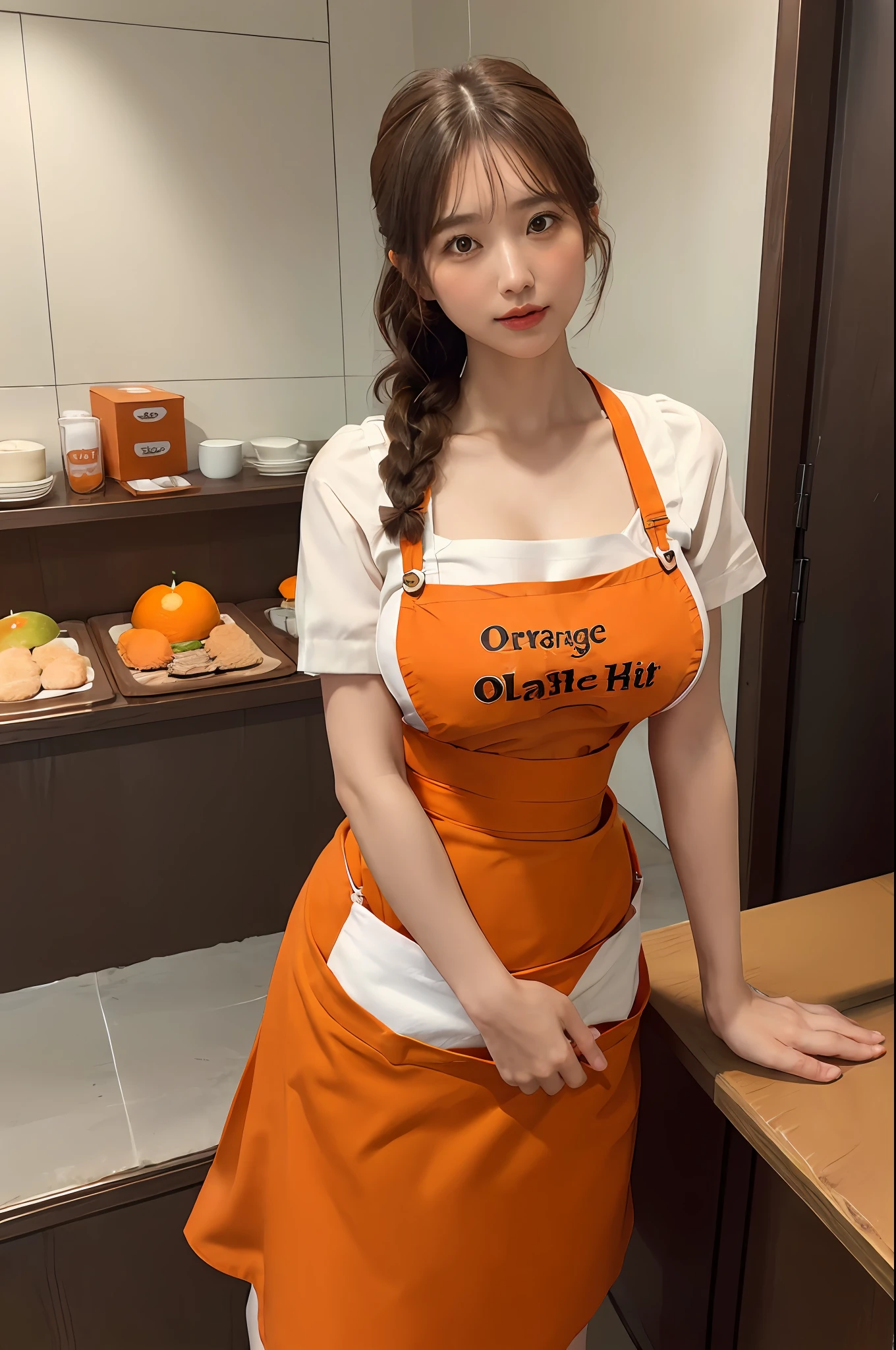 (frombelow:1.4)、((1girl in)),Light Brown Fringe Hair、Braided hair、disheveled hair、Light brown eyes、(dignified expression)、(爆乳:1.4)、Emphasize the valley、fittingroom、(Photorealsitic)、(intricate detailes:1.2)、(masterpiece、:1.3)、(top-quality:1.4)、(超A high resolution:1.2)、超A high resolution、(A detailed eye)、(detailed facial features)、(breast hold:1.4)、(Orange Family Restaurant Uniform:1.2), (Orange Suspender Skirt:1.4),(Orange Apron:1.2), (double-breasted,Underbust:1.2), (Orange high-waisted skirt:1.3), (Apron over orange skirt:1.3), (White shirt:1.2), buttonGap,Short sleeves, nametag,(Red blusher:1.2)
