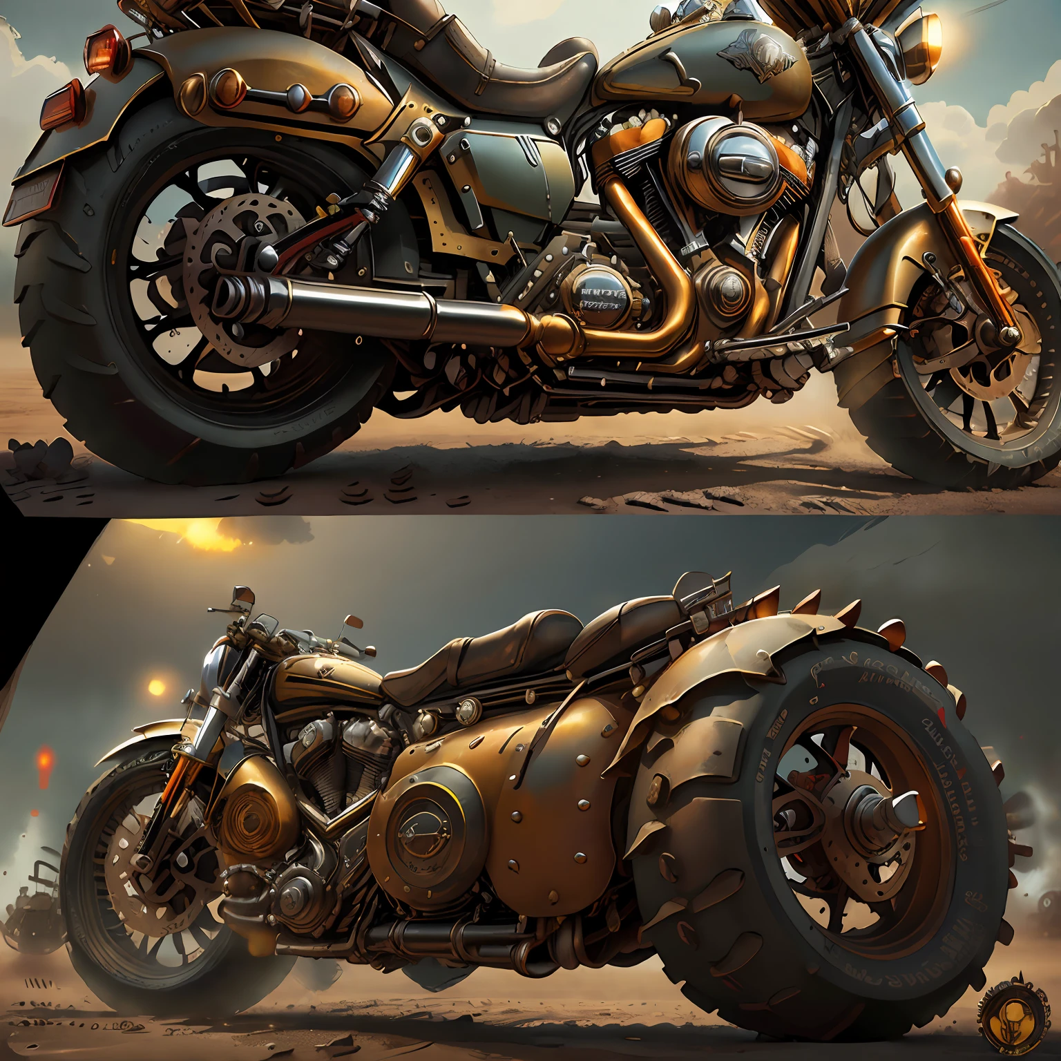 Harley-Davidson Road King,Vista Total Mad Max CogPunkAI ,Cores 64 k, (AMARELO,PRETO BRILHANTE )portanto,4D ,