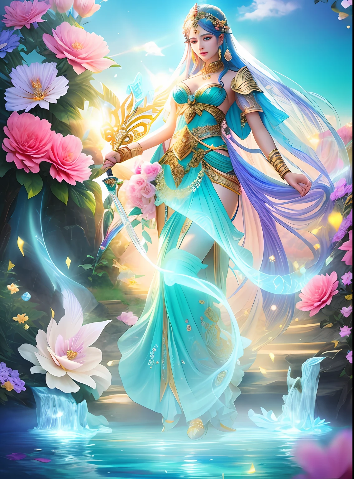 There was a fair lady with a long sword,Fair smooth skin,flowers in full bloom,It is beautiful and delicate, Gold ornaments,Turquoise decoration,Various gemstones,No clothes,beautiful flowers,Goddess. Extremely high detail, extremely detailed goddess shot, Extremely detailed flower goddess,Blue sky,The background of the character has a light rainbow aperture, hyper HD,psychedelic goddess, goddess art, Beautiful digital artwork, Beautiful goddess,tmasterpiece,4K,Realiy,photorealestic,professional photoshooting,超高分辨率,