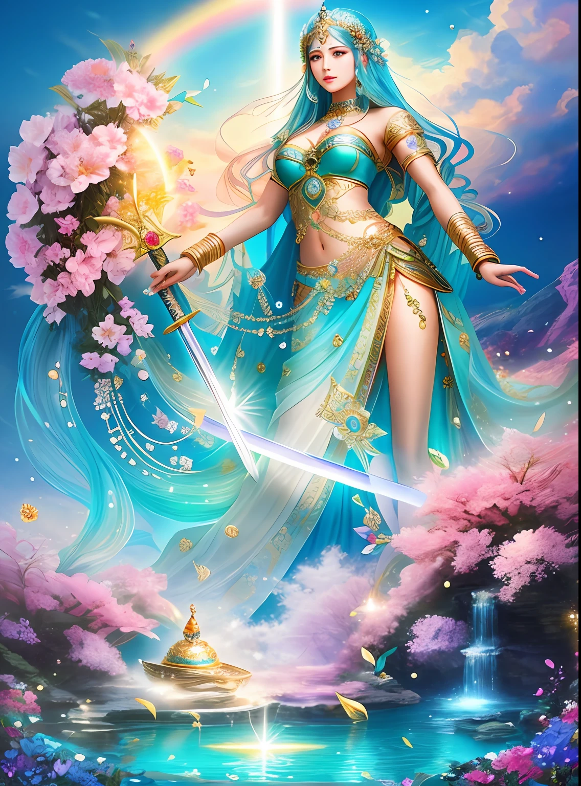 There was a fair lady with a long sword,Fair smooth skin，flowers in full bloom，It is beautiful and delicate, Gold ornaments，Turquoise decoration，Various gemstones，No clothes，beautiful  flowers，Goddess. Extremely high detail, extremely detailed goddess shot, Extremely detailed flower goddess,Blue sky，The background of the character has a light rainbow aperture， hyper HD，psychedelic goddess, goddess art, Beautiful digital artwork, Beautiful goddess，tmasterpiece，4K，Realiy，photorealestic，professional photoshooting，超高分辨率，