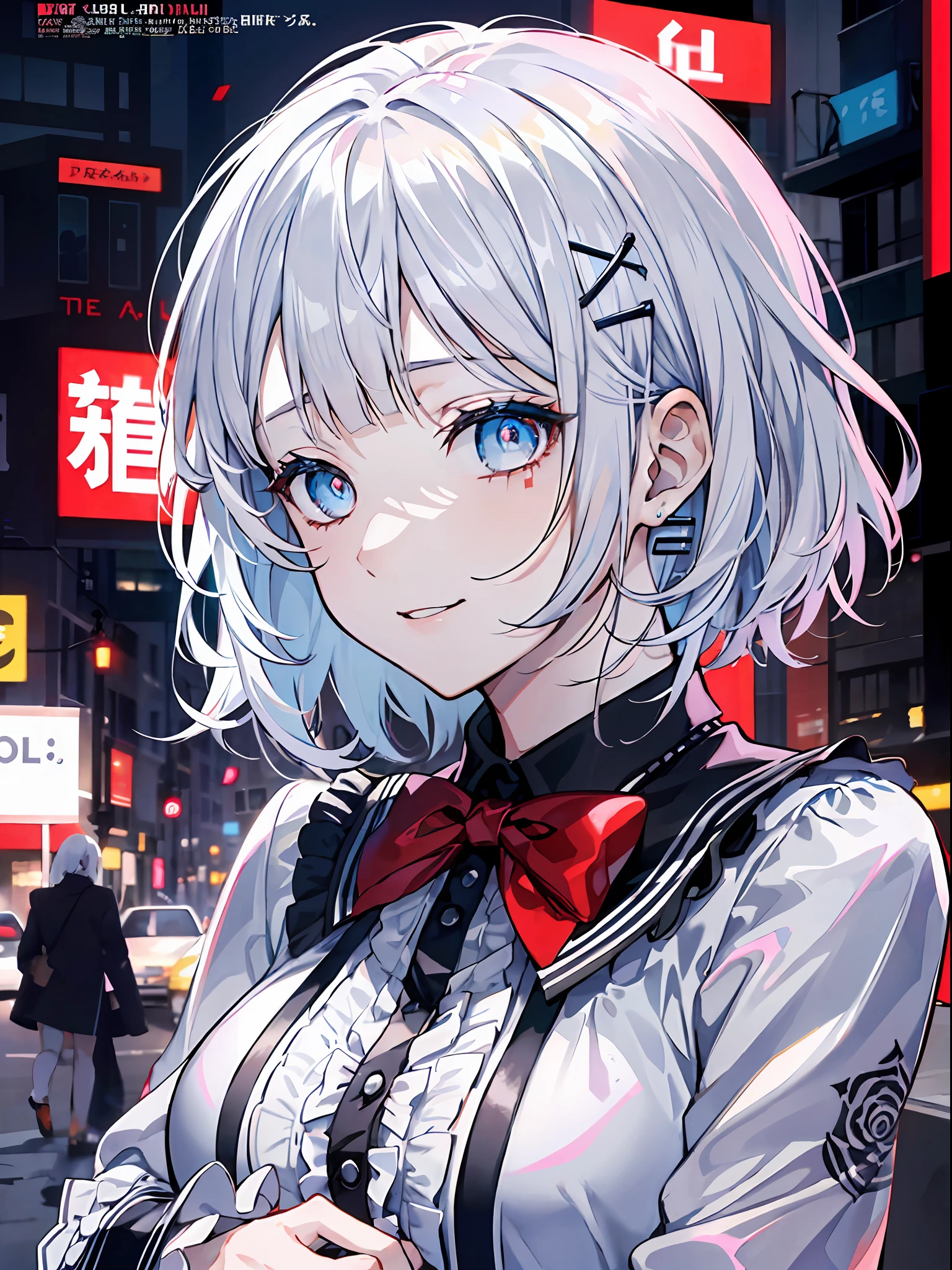 detectivesiesta, Smile, Short hair, Bangs, Blue eyes, Shirt, Hair Ornament, Long sleeves, Dress, Bow, White hair, hair clips, Blunt bangs, bowtie, Red bow, X Hair Ornament, red bowtie, siesta, (medium breasts⁩:1.2), BREAK looking at viewer, BREAK outside, BREAK (masutepiece:1.2), Best Quality, High resolution, Unity 8k壁纸, (Illustration:0.8), (Beautiful detailed eyes:1.6), extra detailed face, Perfect Lighting, extremely details CG, (Perfect hands, Perfect Anatomy),((((Dramatic)))、(((gritty)))、(((vehement)))Movie poster featuring a young woman as the main character。She stands confidently in the center of the poster.、Wear stylish and edgy outfits、I have a determined look on my face。The background is dark and rough、Makes you feel danger and strength。Text is bold and attention-grabbing、Has a catchy tagline that adds to the overall sense of drama and excitement。The color palette is predominantly bright、There are splashes of bright colors、It gives the poster a dynamic and visually striking look。 (magazine:1.3), (cover-style:1.3), Fashionable, femele, with a vibrant, outfits, the pose, the front, Colorful, Dynamic, Background with, element, I'm confident, expresive, ngel, statement, accessorized, An majestic, coiled, surroundings, Touch, The scene, Texto, covers, It's bold, captures the attention, Titles, Stylish, Font, Catchy, headline, The large, Impressive, moderno, Trendy, Focus, lo fashion,shorth hair、Bob Hair、White hair、bright light blue eyes