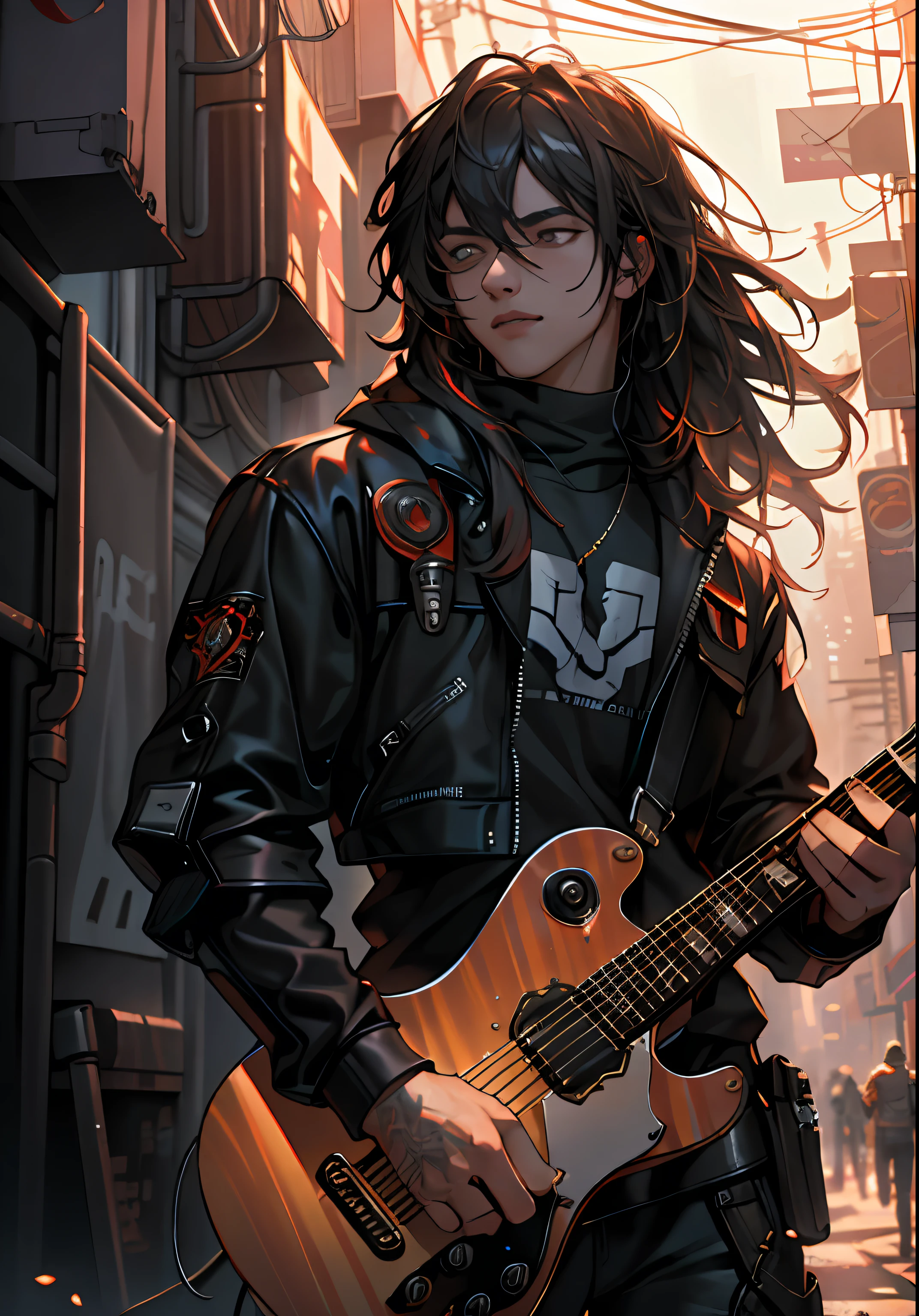 ultra detail, high resolution, ultra detailed, best quality, amazing, top quality, extremely detailed CG unity 8k wallpaper, cinematic lighting, metal fanboy, cyberpunk, dark boy, long hair, playing guitar, flame effect,