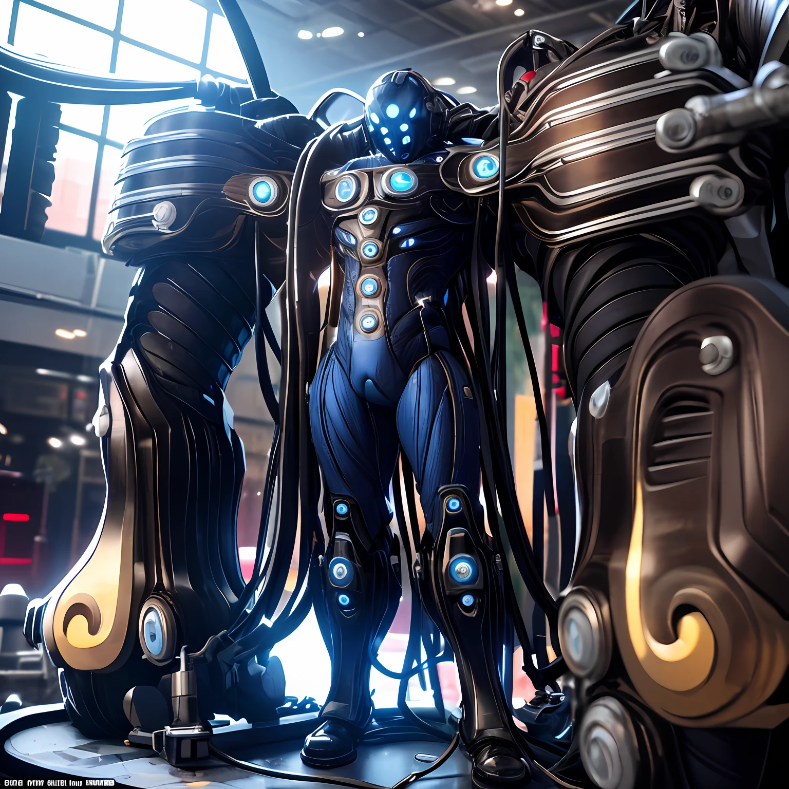 (（1mecha\）)，gantz:0 Armor，Group H，(Wear a helmet on your head)，(((There are countless cables behind the helmet，The cable hangs on the ground，The blue light limiter on the cable flashes，Round limiters all emit blue light)))，best qualtiy，realisticlying，realisticlying，Night city battle background，award-winning illustrations，（complexdetails：1.2），（finedetail），（complexdetails），（电影灯光，Best quality backlight），清晰的线条，Clear focus，offcial art，Unity 8k壁纸，absurderes，Incredibly Ridiculous res，hugefilesize，Supergianthugebreasts（In_Main_street：1.21），（neonlight），Fantasyart，RTX，（（Triangle close-up photos were taken by an award-winning studio））generated，shelmet，eBlue eyes，Blue limiter，neonlight，Beautiful glow，cyber punk perssonage，scientific fiction，mechs，，Powerful dynamic posture，（Hand-held laser gun：1.3）