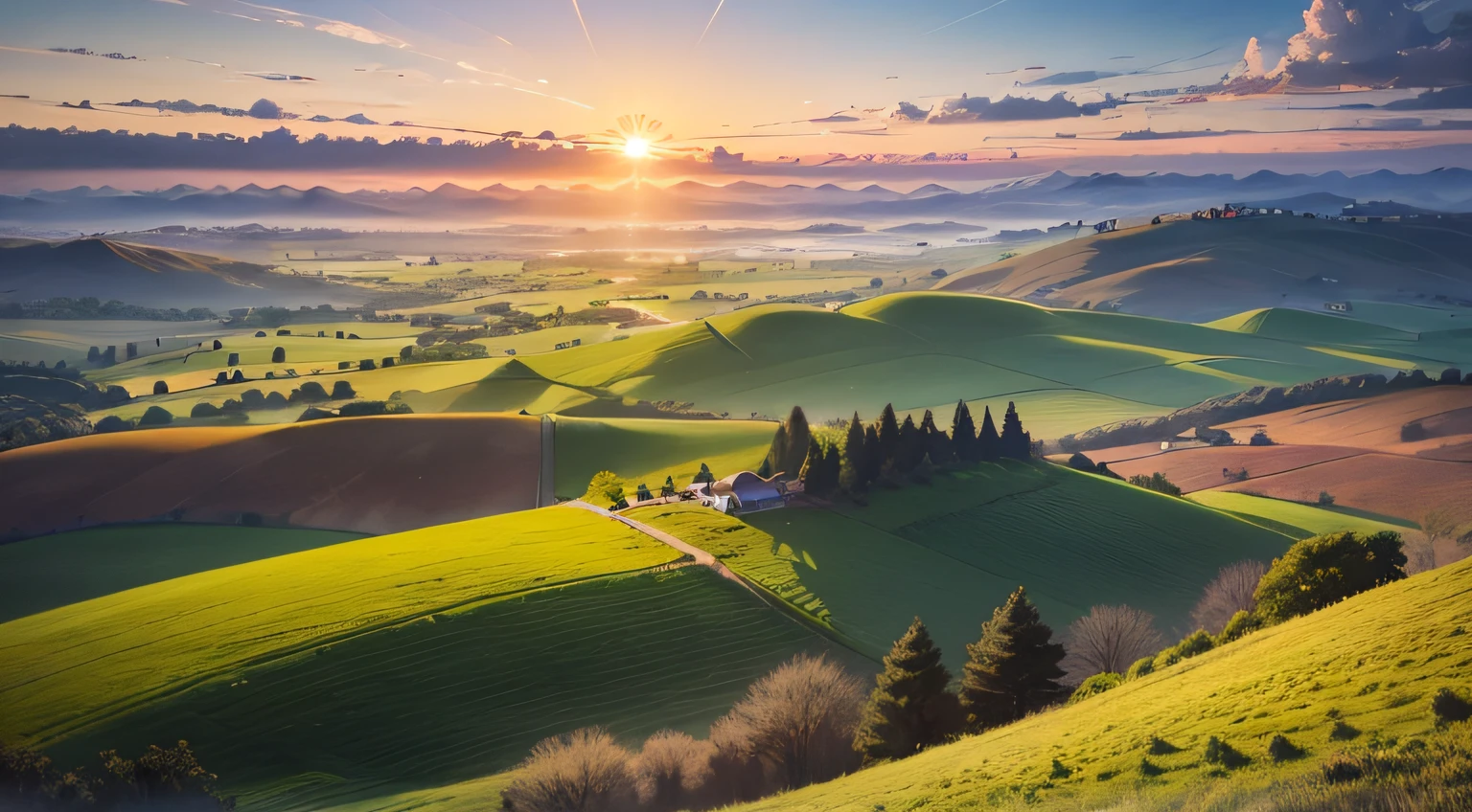 top view of the countryside at dawn, with the sun rising over the horizon