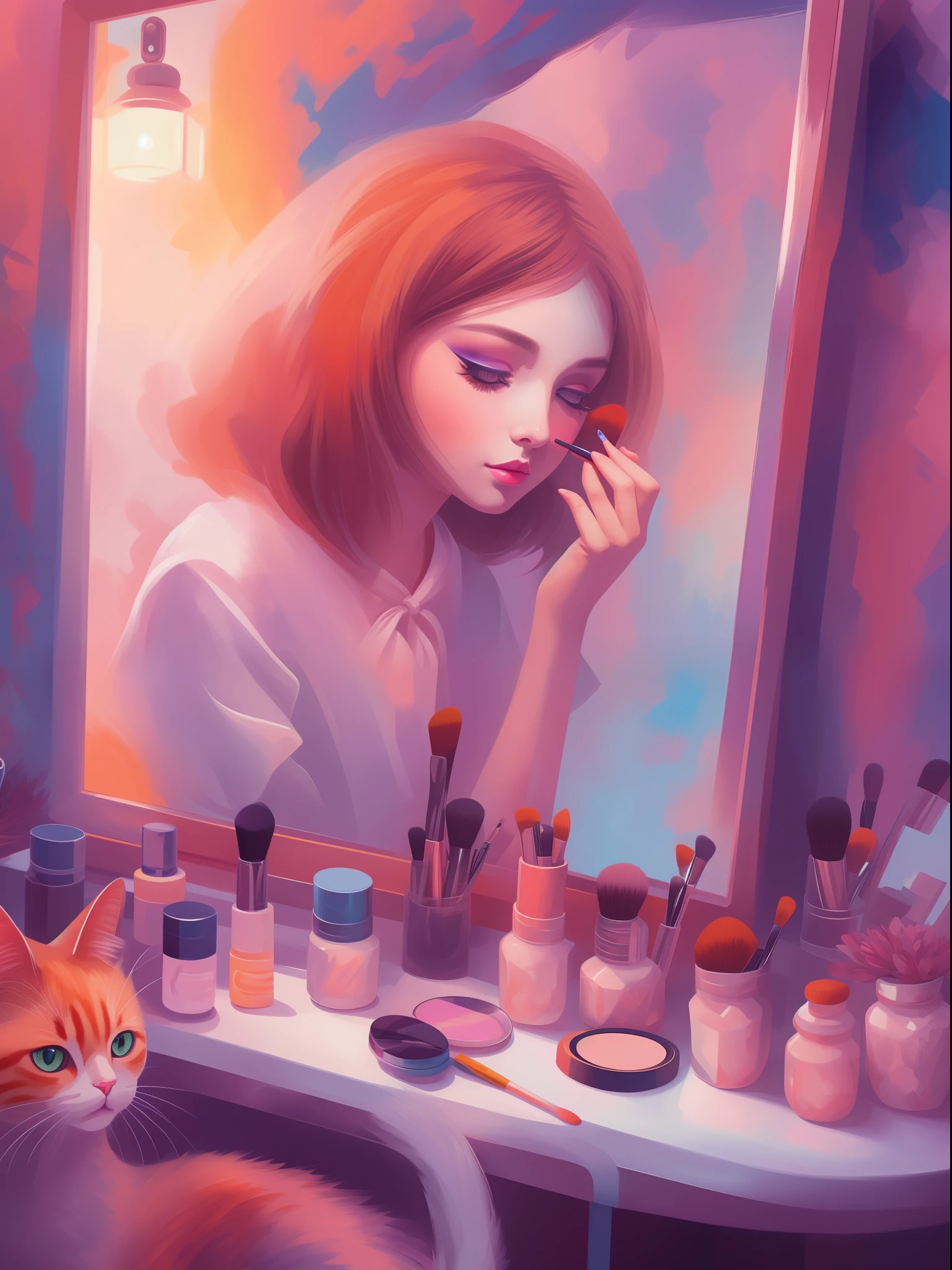 Expressionless girl doing makeup in front of mirror, There was a cat watching her, In Andy Kiho's whimsical and dreamy painting style, Vibrant colors, Surreal elements, digital painting with soft brushstrokes