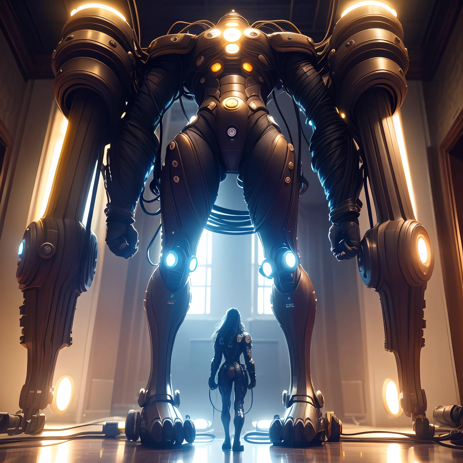 ((1mecha\)),gantz:0 Armor,Group H,Oka Hachiro strengthens the orangutan suit,Orangutan set,The arms are very long,Hands grow to the ground,There is armor on the hands,Pound the floor with both hands,The shoulder armor is wide,(Wear a helmet on your head),(((Hair is scattered,Hair hanging to the ground,Every hair is a cable,The cable is thick,The blue light limiter on the cable flashes,Round limiters all emit blue light))),Feet on the ground,Full of technology,,Battle screen,Pocket launcher jet,best qualtiy,realisticlying,realisticlying,award-winning illustrations,(complexdetails:1.2),(finedetail),(complexdetails),(电影灯光,Best quality backlight),清晰的线条,Clear focus,offcial art,Unity 8k壁纸,absurderes,Incredibly Ridiculous res,hugefilesize,Supergianthugebreasts(In_Main_street:1.21),(neonlight),Fantasyart,RTX,((Triangle close-up photos were taken by an award-winning studio))generated,shelmet,eBlue eyes,Blue limiter,neonlight,Beautiful glow,cyber punk perssonage,scientific fiction,mechs,,Powerful dynamic posture,(Hand-held laser gun:1.3)