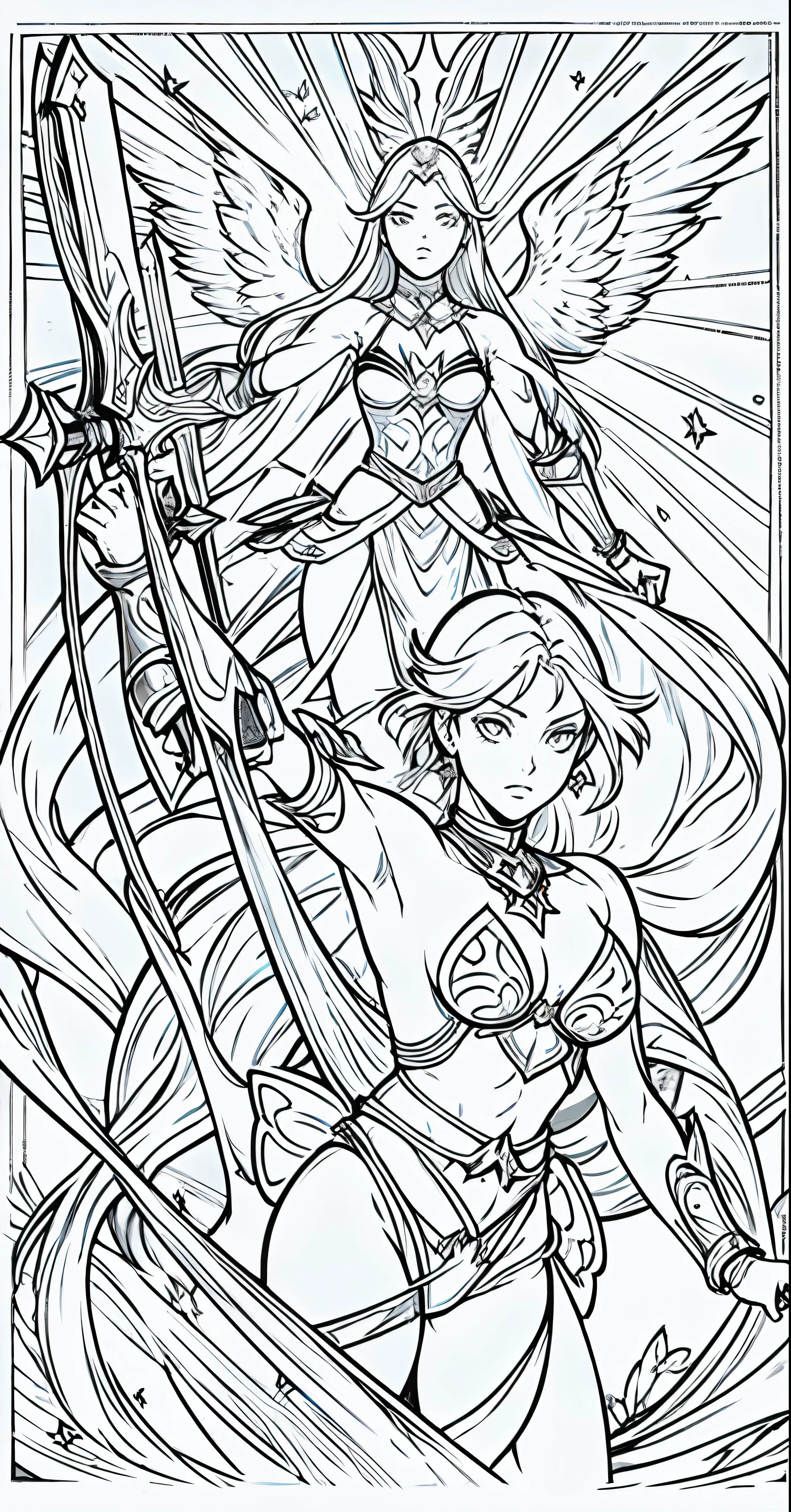[bikini armor] +[Big-breasted angel warrior woman]+ [Transparent background] + [monochrome，Tough, Ultra-fine lines, Detailed outline] + Graphics engine Leonardo diffusion, Rendering engine Leonardo style, Hint Magic v2,  full bodyesbian，Doji star pattern，butterflys
