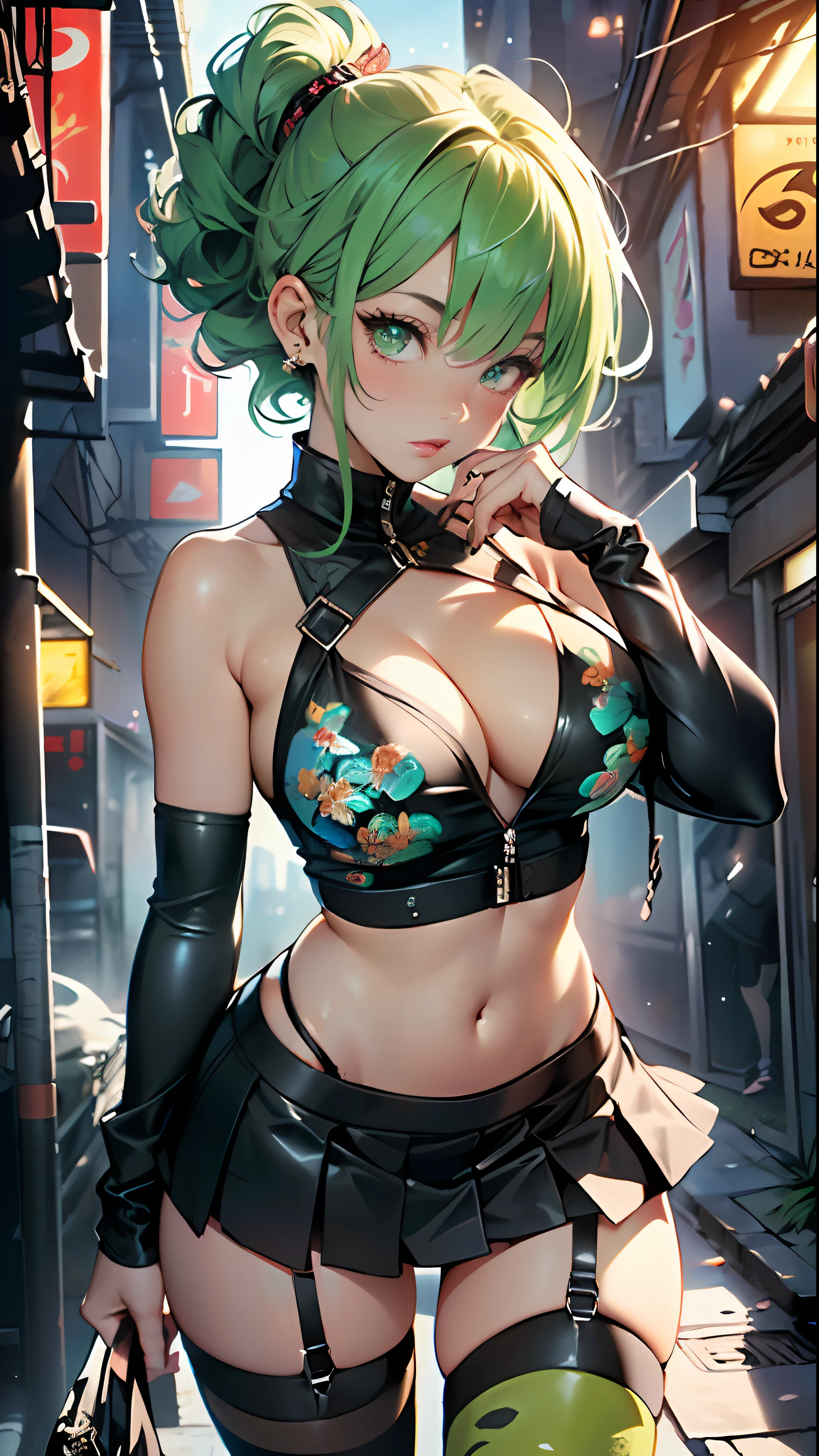 girl youtuber,(((1girl))),((extremely cute and beautiful green curly-haired anime girl walking down the street)),

(short breasts:1.4),(((green curly hair:1.35,very curly hair,colored inner hair,ear breathing,short hair))),((green eyes:1.3,upturned eyes:1.3,perfect eyes,beautiful detailed eyes,rainbow glows ultra-detailed yellow green eyes:1.1,gradient eyes:1,finely detailed beautiful eyes:1,symmetrical eyes:1,big highlight on eyes:1.2)),((fat)),(((lustrous skin:1.5,bright skin: 1.5,skin tanned,shiny skin,very shiny skin,shiny body,plastic glitter skin,exaggerated shiny skin))),delicate detailed fingers,detailed body,detailed arms,human hands(detailed face),),

cute,slutty,seductive,erotic,(((nsfw))),

zettai ryouiki,revealing clothing,show skin,((rave mini-skirt,visible thong straps,white loose tank top with an intricate print)),(detailed outfit,detailed clothes),

(dynamic pose:1.0),solo focus,embarrassed,centered,scale to fit dimensions,Rule of thirds,

outdoors,((night view)),(cyberpunk night street Background: 1.5,dark sky,alleyway,lonely alley,thick clouds,detailed background:1.25),

(best quality),(high resolution),(sharp focus),(ultra detailed),(extremely detailed),(extremely high quality artwork),8k_wallpaper,(extremely detailed CG 8k),(very fine 8K CG),((hyper super ultra detailed perfect piece)),flawless,(((masterpiece))),illustration,vibrant colors,(intricate),High contrast,Selective lighting,Double exposure,HDR (High Dynamic Range),Post-processing,Background blur,