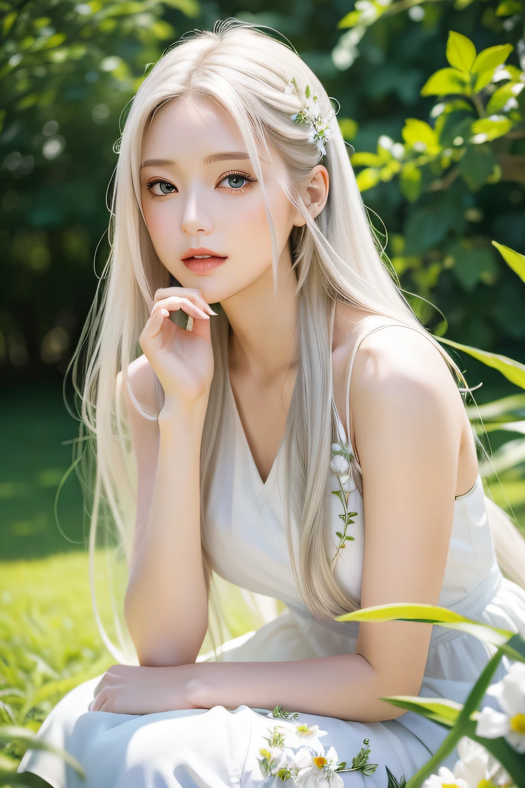 (masterpiece, best quality),1girl with long white hair sitting in a field of green plants and flowers, her hand under her chin, warm lighting, white dress, blurry foreground