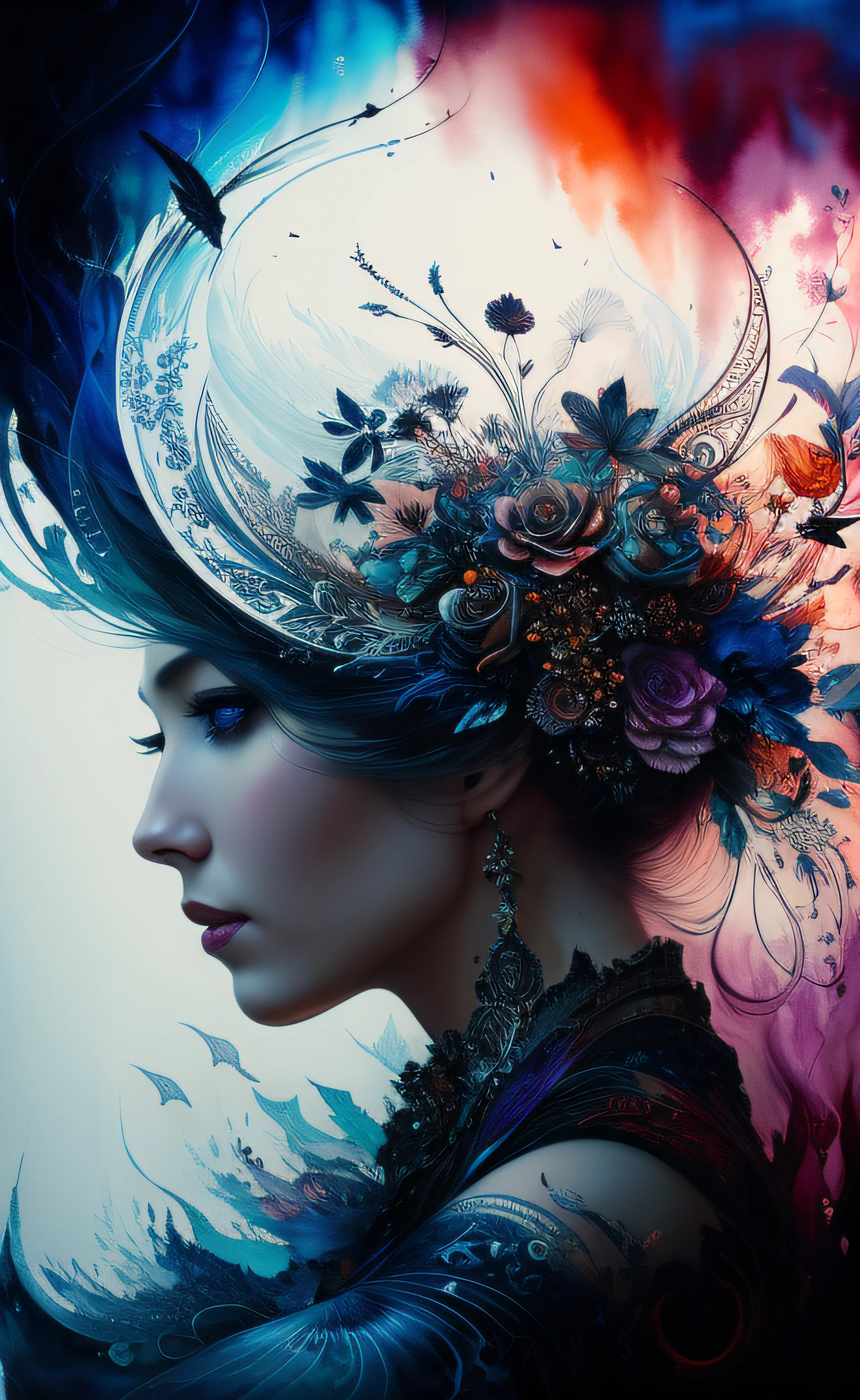 Colorful beautiful woman: Black ink flow: 8k resolution photorealistic masterpiece: by Aaron Horkey and Jeremy Mann: intricately detailed fluid gouache painting: by Jean Baptiste Mongue: calligraphy: acrylic: watercolor art, professional photography, natural lighting, volumetric lighting maximalist photoillustration: by marton bobzert: 8k resolution concept art intricately detailed, complex, elegant, expansive, fantastical