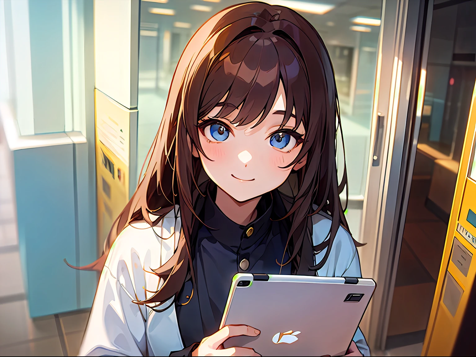 Office lobby、wide、Elevator Hall、Stylish、Anime adult woman with big tablet PC((I have a tablet))、Taking a walk、((((Walk、Above the knee))))、25-years old、Upper body, mid-shot, femele, Detailed eyes, ((Beautiful woman with laptop)), ,Semi-long hair, Brown hair, Bangs,Everyday clothes、Business Casual、Clothes without a collar、Fashionable、Long sleeves,、frontage、 Smiling smile、