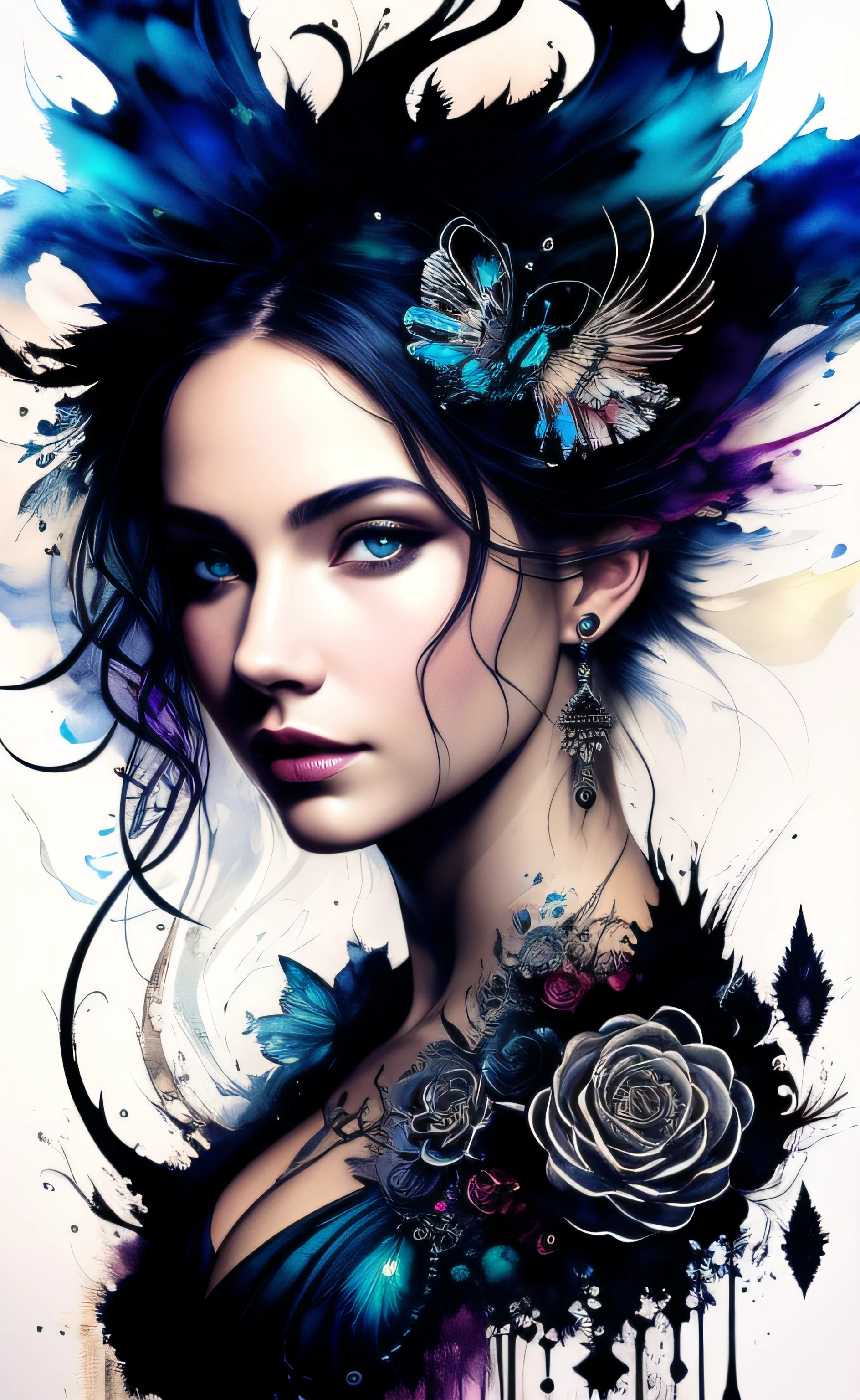 Colorful beautiful woman: Black ink flow: 8k resolution photorealistic masterpiece: by Aaron Horkey and Jeremy Mann: intricately detailed fluid gouache painting: by Jean Baptiste Mongue: calligraphy: acrylic: watercolor art, professional photography, natural lighting, volumetric lighting maximalist photoillustration: by marton bobzert: 8k resolution concept art intricately detailed, complex, elegant, expansive, fantastical