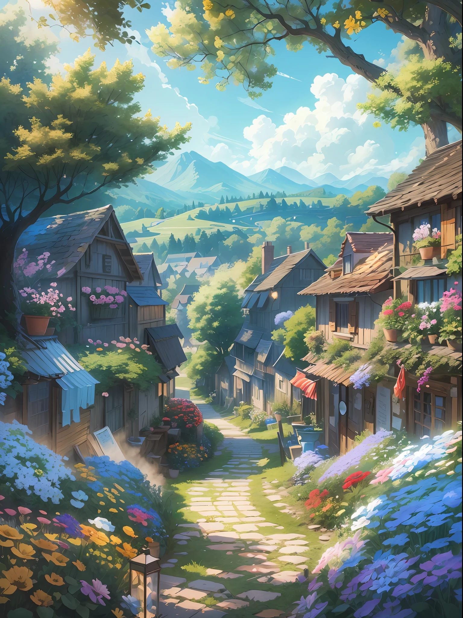 Masterpiece, best quality, (very detailed CG unity 8k wallpaper) (best quality), (best illustration), anime, village, flowers, blue sky, --v6