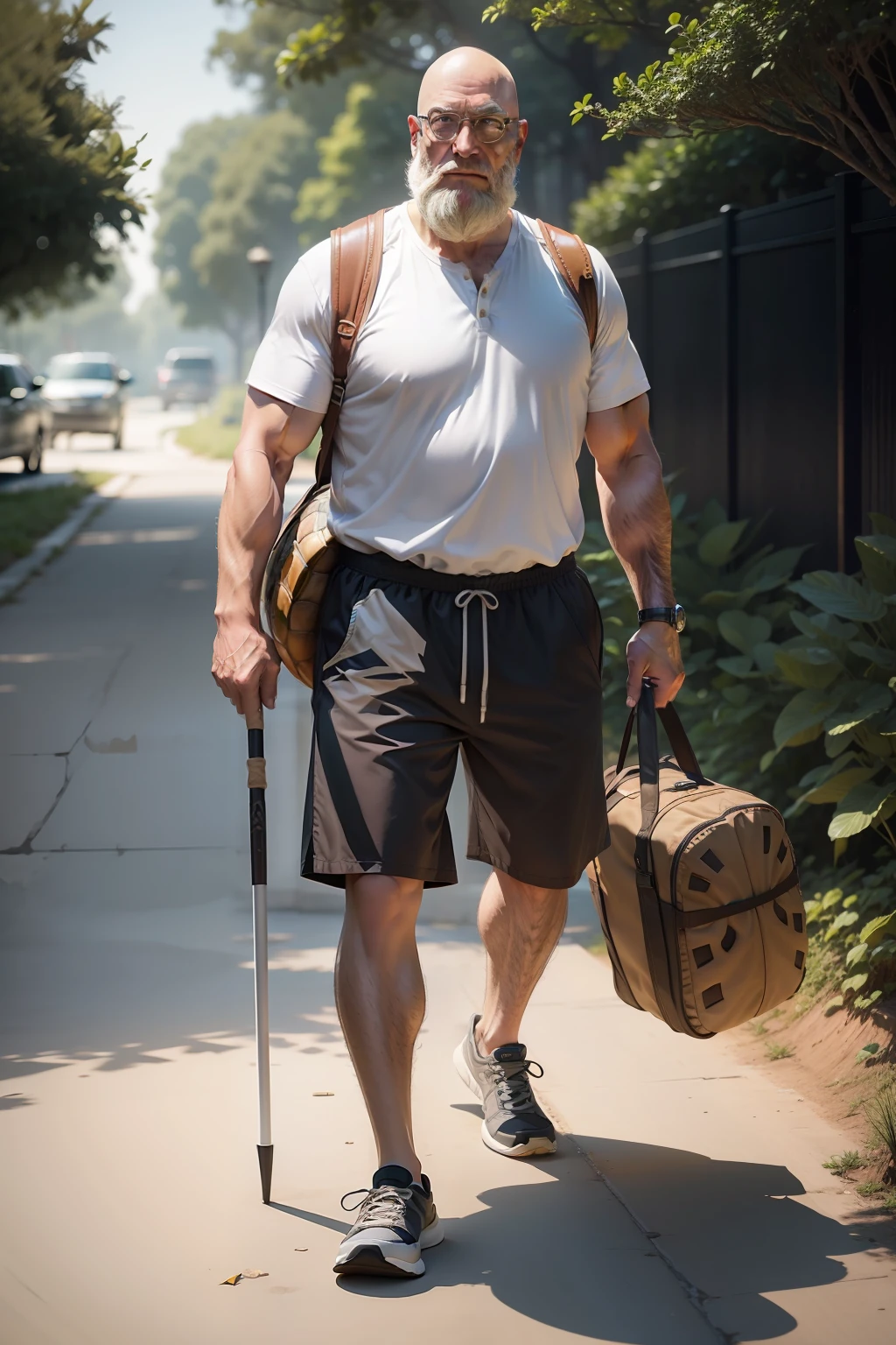 Bald head, carrying turtle shell, wearing casual clothes, shorts, holding a cane, old man, beard