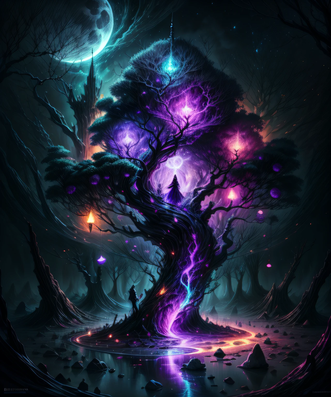 Millennial tree in a bioluminescent forest and bright in natural colors, Brillante, estrellas 3 lunas (luna negra, luna blanca, Luna Roja) noche, fantasy, arte magico, buena calidad, 4k, magia.