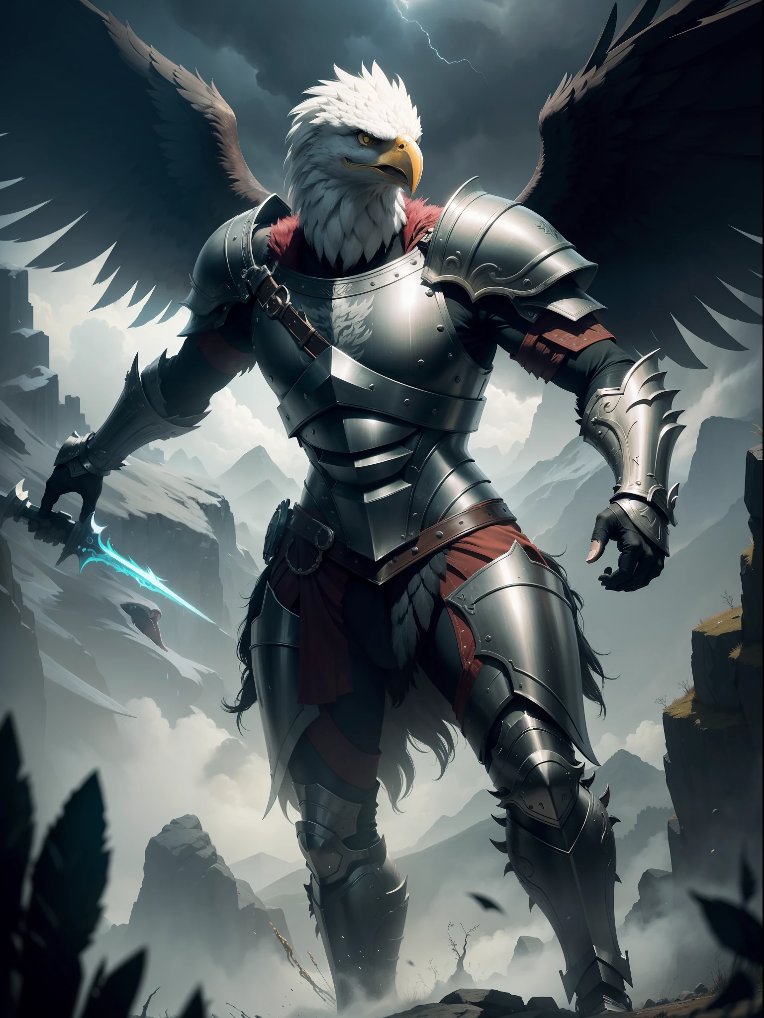 ferocious anthropomorphic warrior eagle in Scandinavian steel armor in a fighting pose, Neon Feathers, full-length, ultra-detailed, ultra-high resolution, Skyrim background, storm cloaks, fantasy, cinematic lighting, cold, cloud atmosphere, chiaroscuro, volumetric lighting, ultra-high resolution, 8k resolution, clear focus, clear footprints, sharp lines