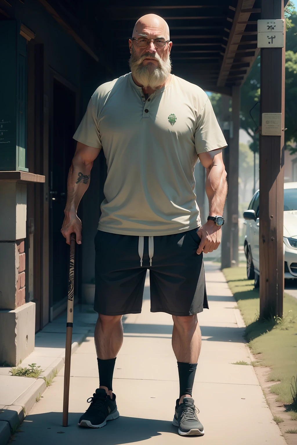 Bald head, carrying turtle shell, wearing casual clothes, shorts, holding a cane, old man, beard