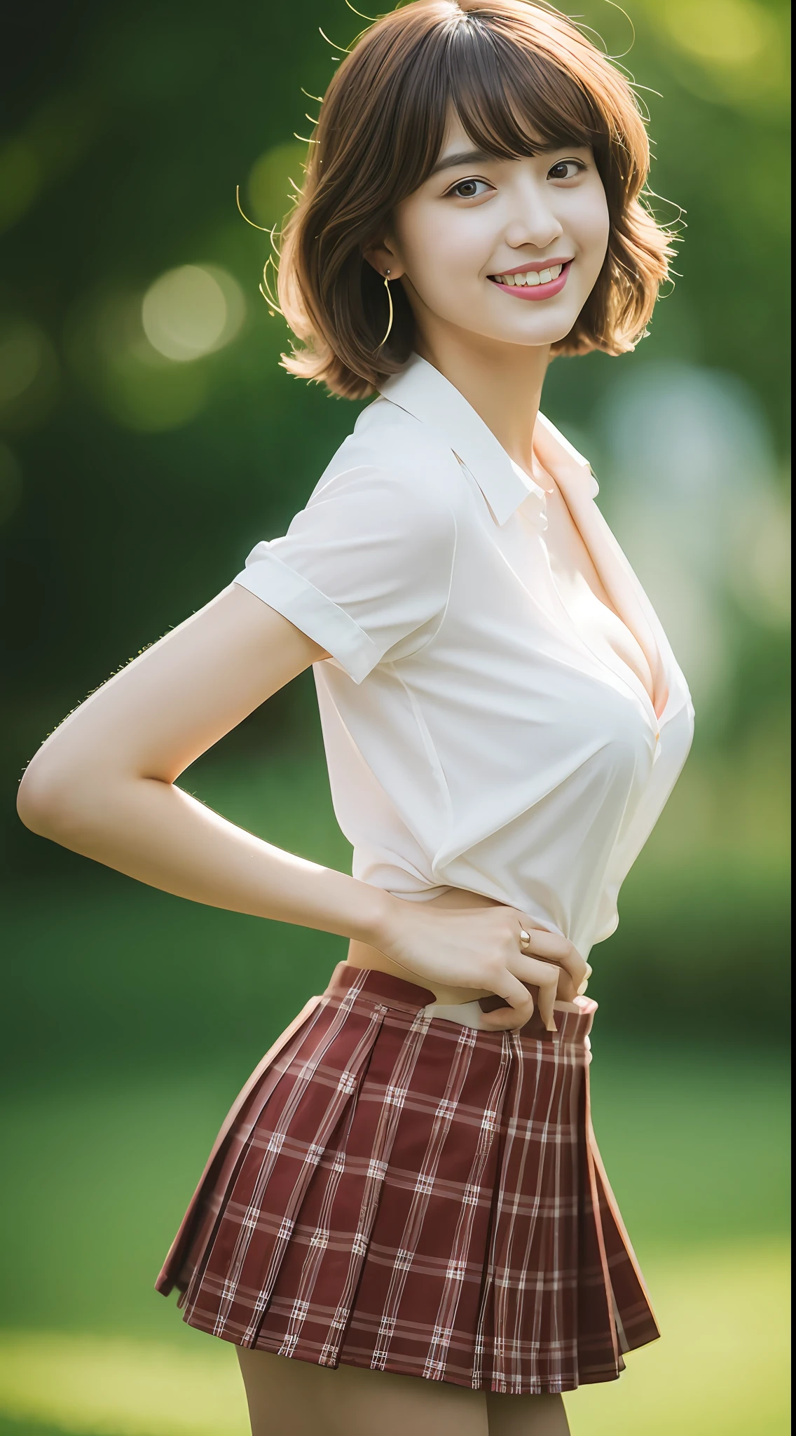 NSFW, 8K Raw Photo, Best Quality, Masterpiece, Ultra HD, Film Grain, filmg, 1girl, Look Viewer, Natural Skin Texture, Realistic Eye and Face Details, Full Lips, Lipstick, (Makeup), Red Eyeshadow, Fluffy Short Hair, Messy Hair, Smile, Close Mouth, Beautiful Legs, Tall Woman, Skinny, slim_legs, Solo, Huge, Cleavage, Pose with buttocks in front, super short skirt, ass, shirt, beautiful natural places, around flower positions, (detailed background), plaid skirt, white shirt, huge breasts, cleavage, show a little cleavage through shirt, loafers, blurry background, blurry, holding, plaid, short sleeves, jk ribbon around the neck, jk ribbon, brown hair, bracelet, water, bangs, uniform, jewelry, parted lips, lips, from the back, pleated skirt, depth of field