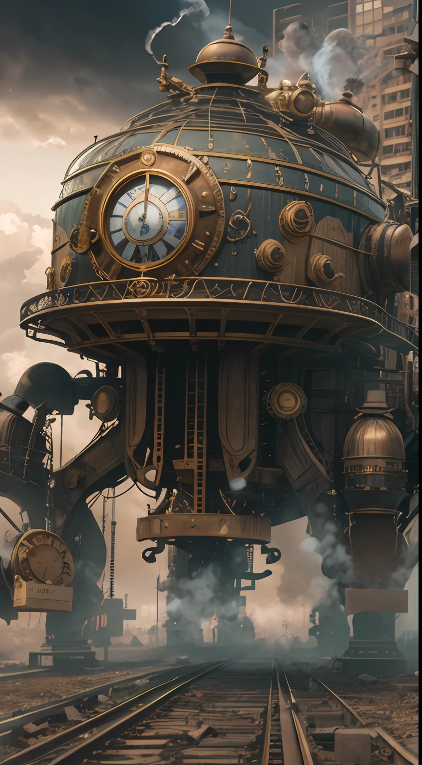 illustration: 1.3), 3D rendering of art on paper, cidade grande, colorido, best quality, Detalhes detalhados, master part, arte oficial, Efeito de luz do filme, 4k, steampunk scene of destruction and rush of people steampunk style hat,correndo na chuva, fugindo de um monstro de metal, parecido com um portal cheio de luz do futuro, cena estilo steampunk, engrenagens ferro retorcido, bondinho antigo Realismo, filmes, CG, filme steampunk, trem antigo, smoke billowing, vapor, relogio, guardachuva, carroagem, cavalo