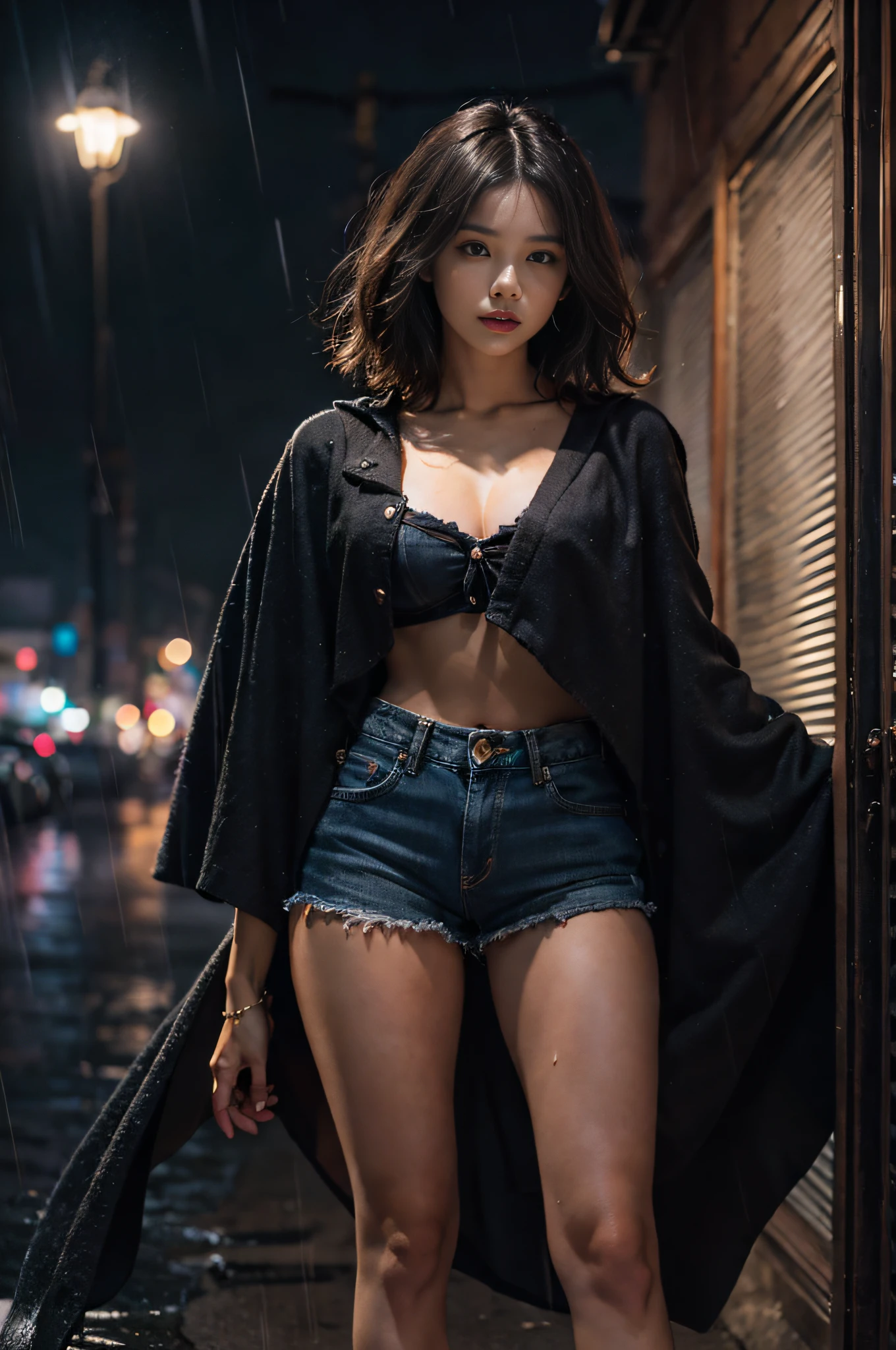 Warm color environment,femele,brunette color hair,shoulder-length short hair,nigth,No man's intersection,very heavy rain,lamplight,Black cape shawl,Black bandeau,Black denim shorts,Medium-breasted,Sexy body