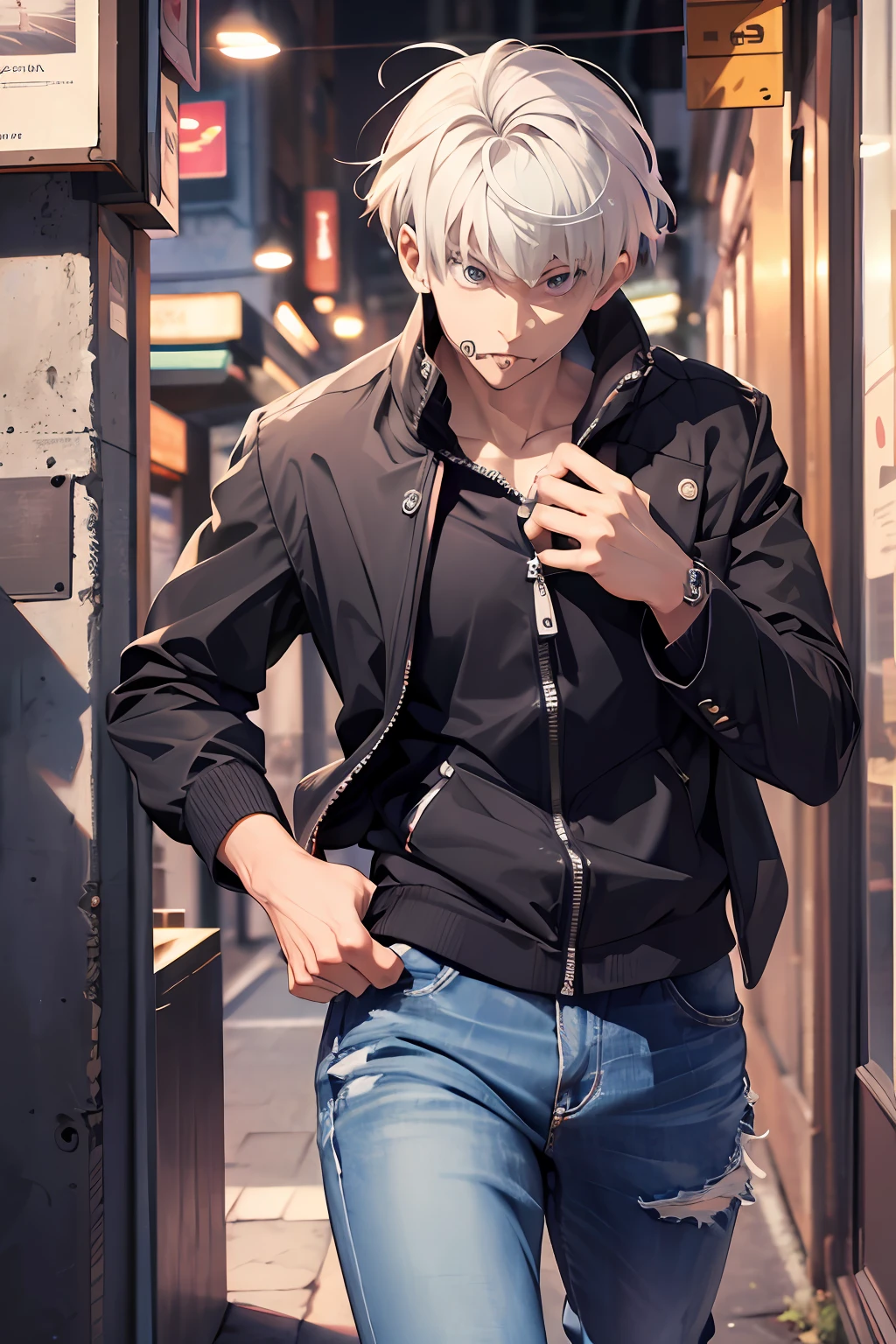 (absurdres, highres, ultra detailed, HDR), masterpiece, best quality, 1man, solo, handsome, short hair, inumaki toge, facial tattoo, white hair, black jacket, jeans, closed mouth,